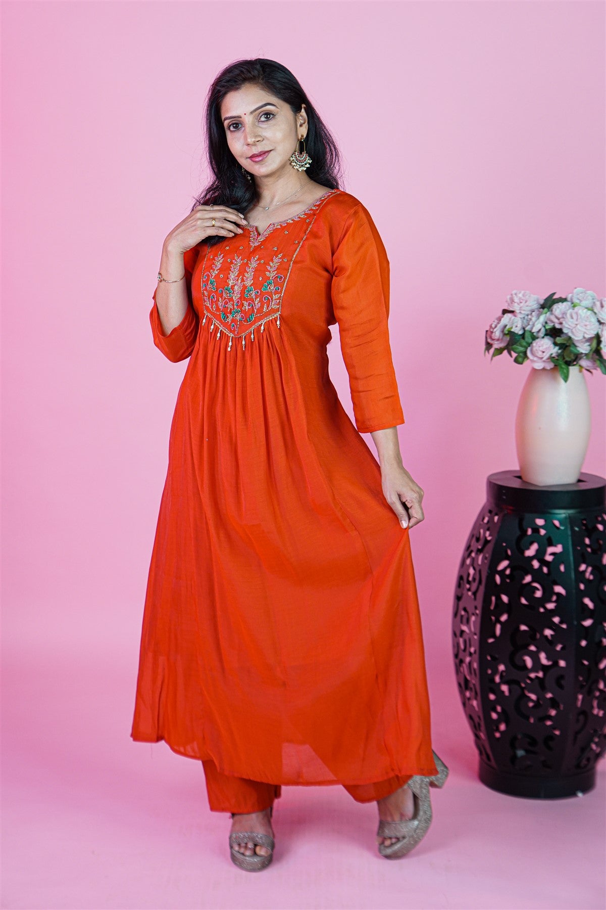 Mul Chanderi Solid Rust Orange Kurti Set With Dupatta