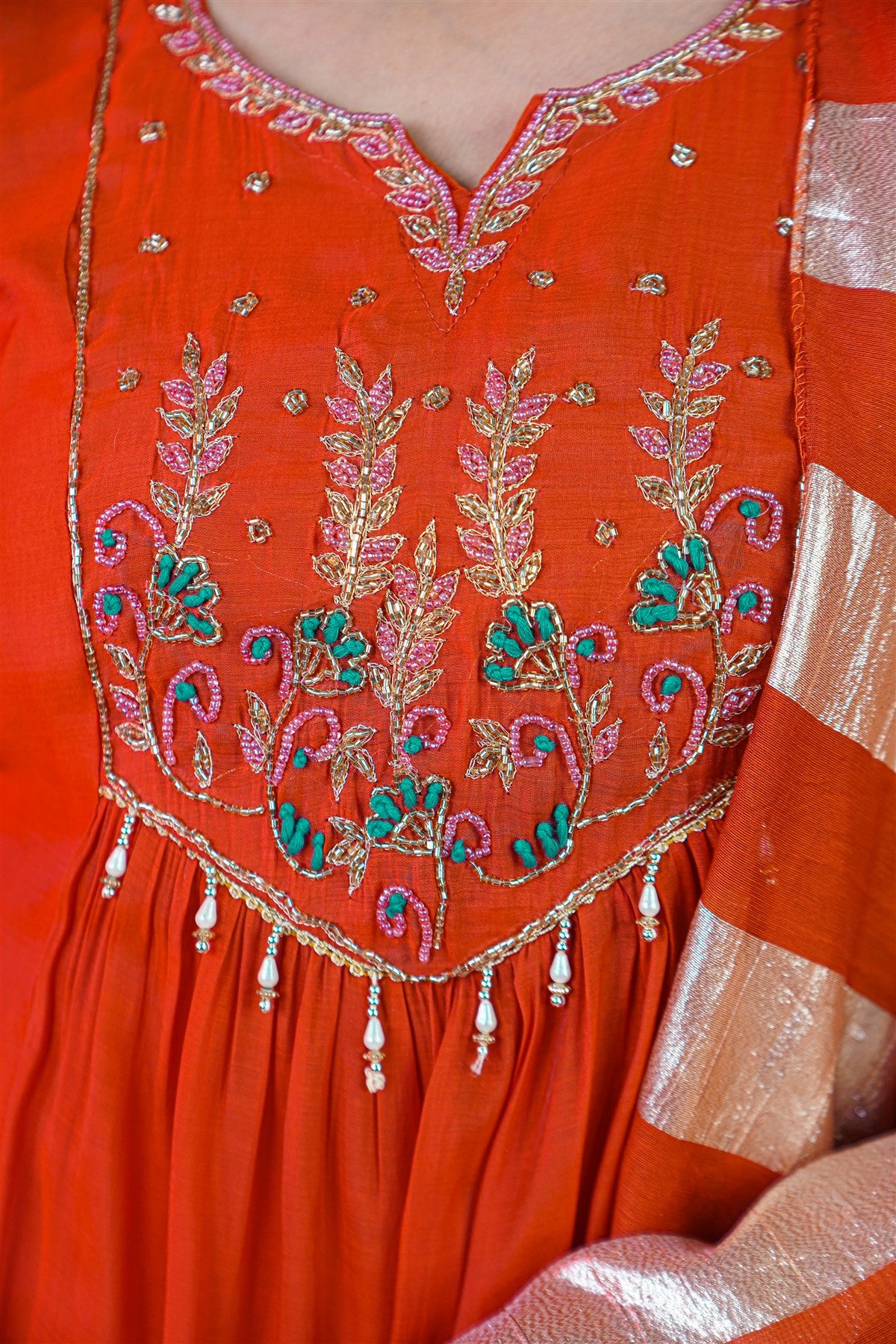 Mul Chanderi Solid Rust Orange Kurti Set With Dupatta