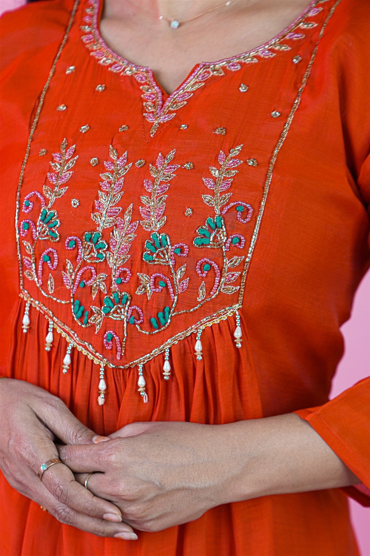 Mul Chanderi Solid Rust Orange Kurti Set With Dupatta