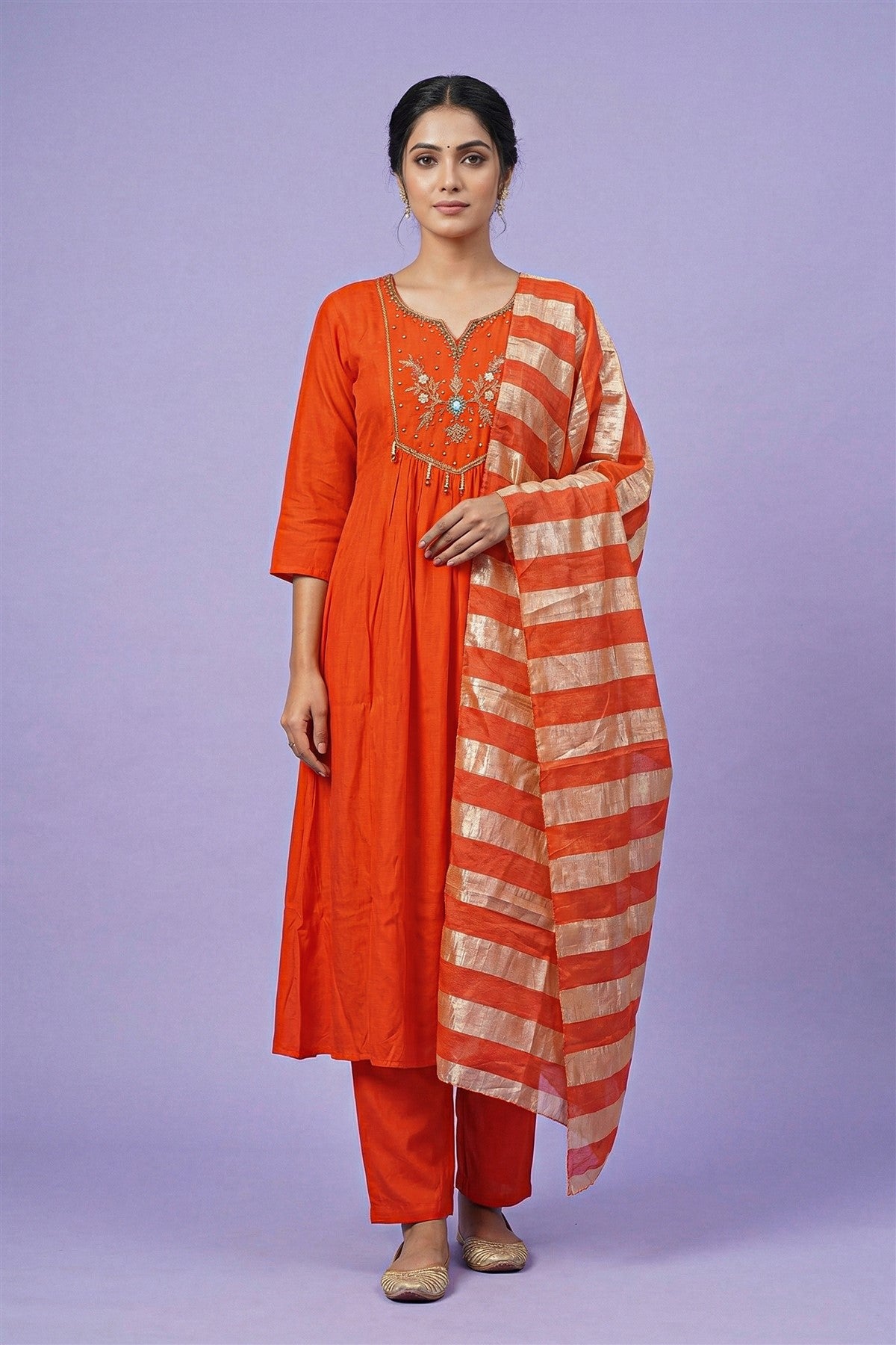 Mul Chanderi Solid Orange Kurti Set With Dupatta