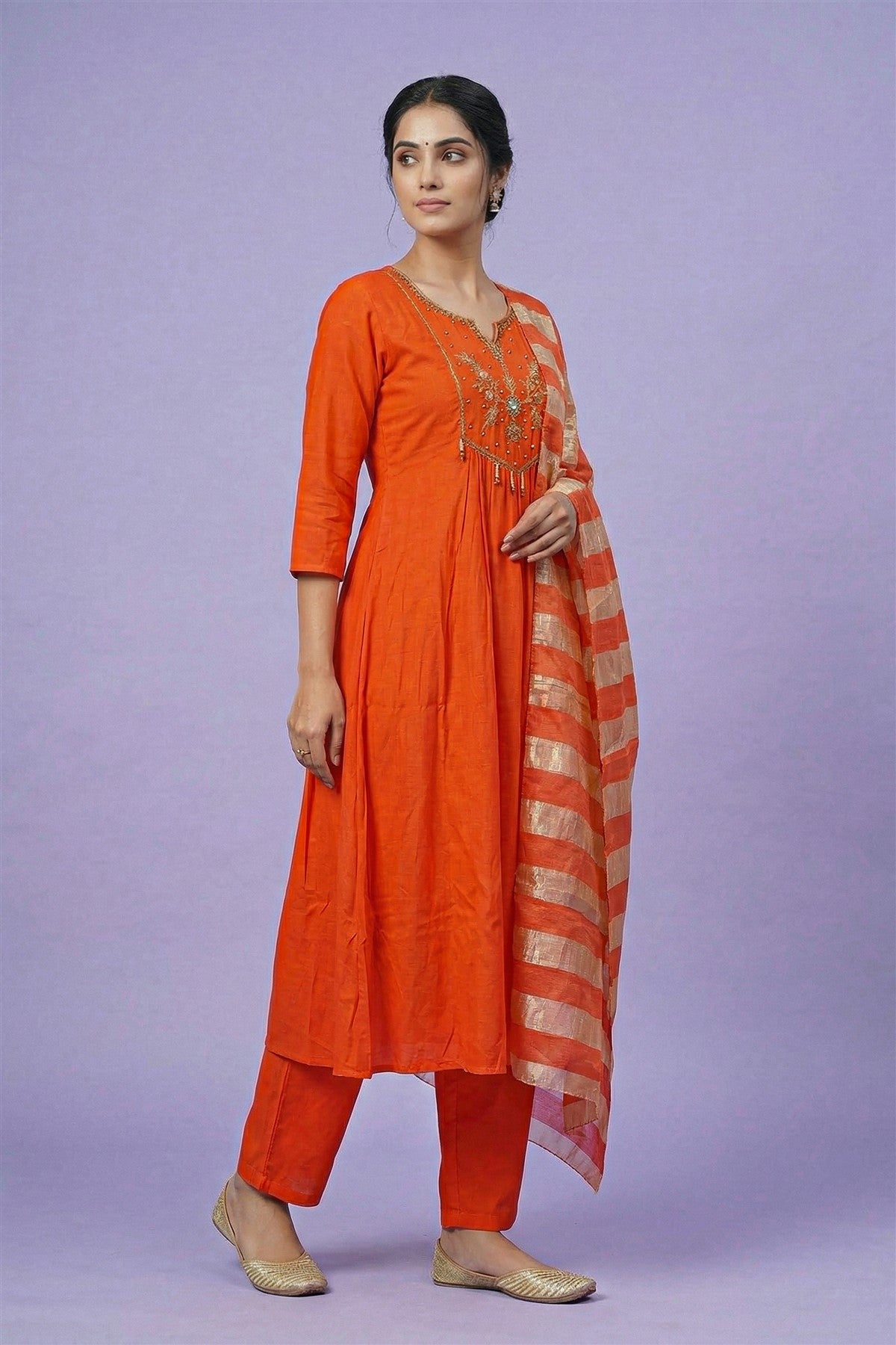 Mul Chanderi Solid Orange Kurti Set With Dupatta