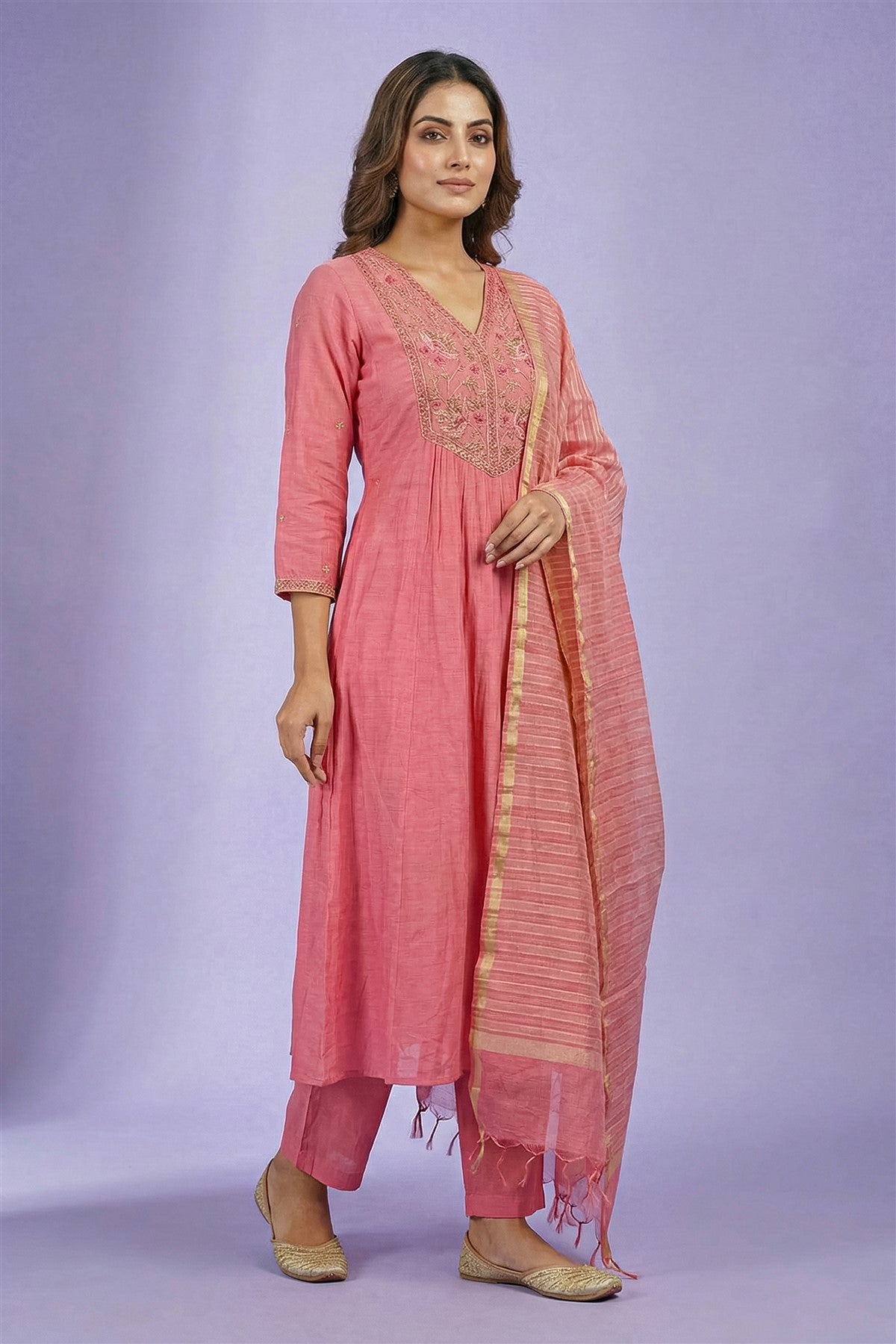 Mul Chanderi Solid Pink Kurti Set With Dupatta