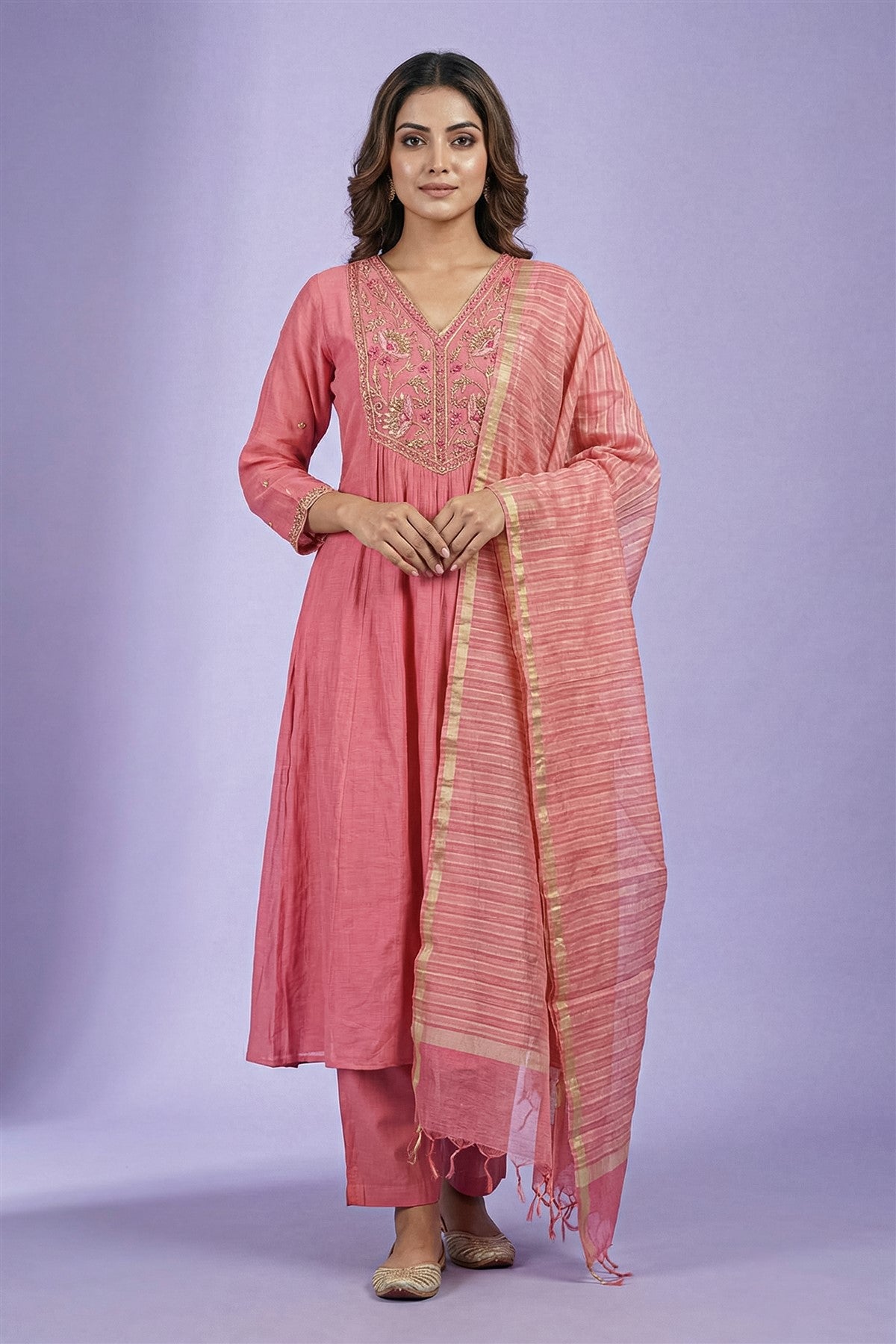 Mul Chanderi Solid Pink Kurti Set With Dupatta