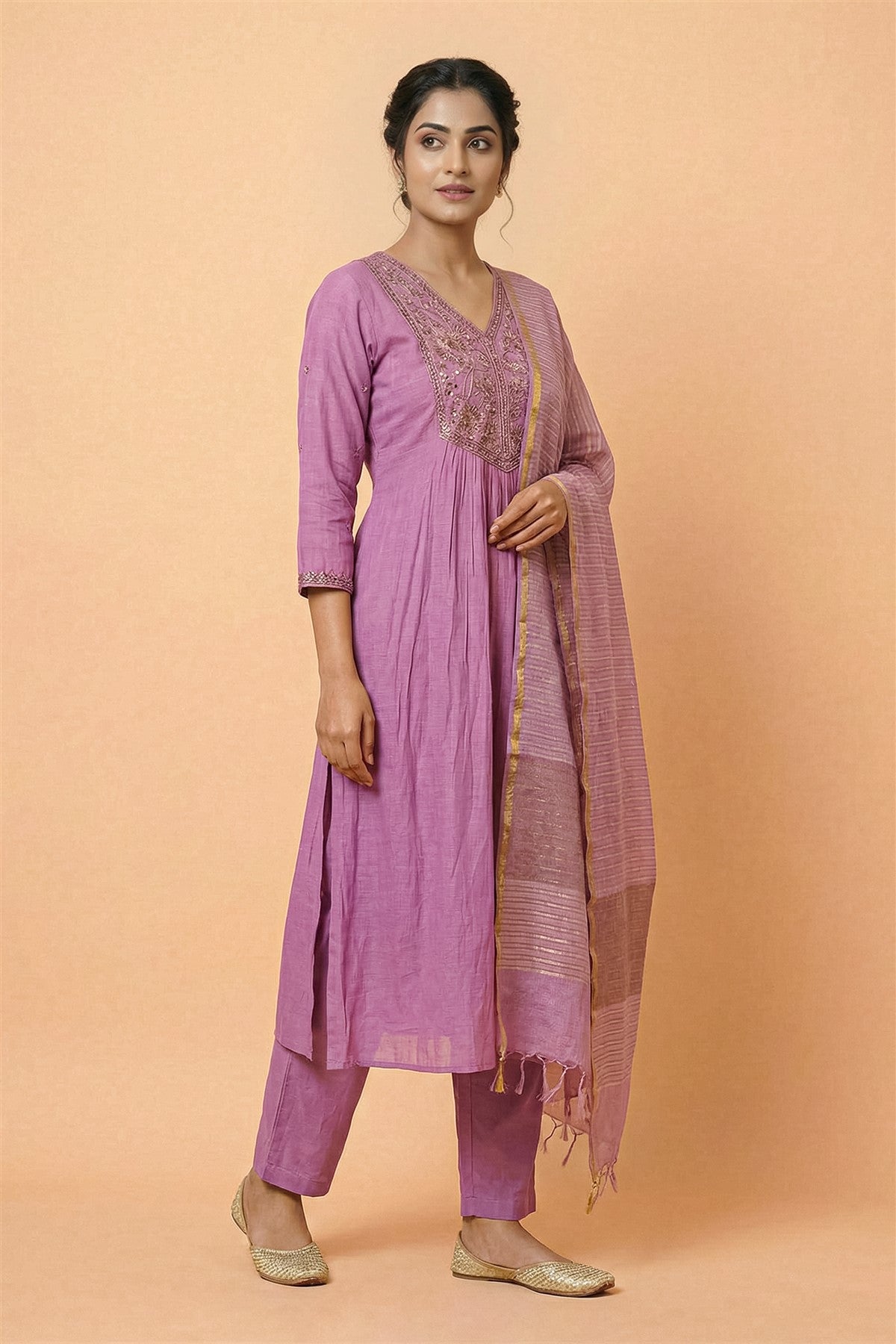 Mul Chanderi Solid Mauve Kurti Set With Dupatta