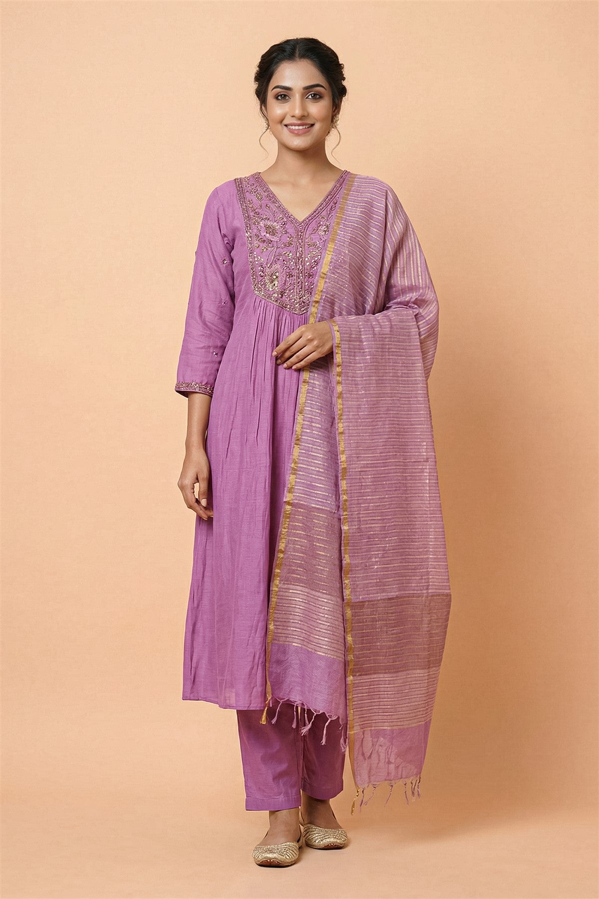 Mul Chanderi Solid Mauve Kurti Set With Dupatta