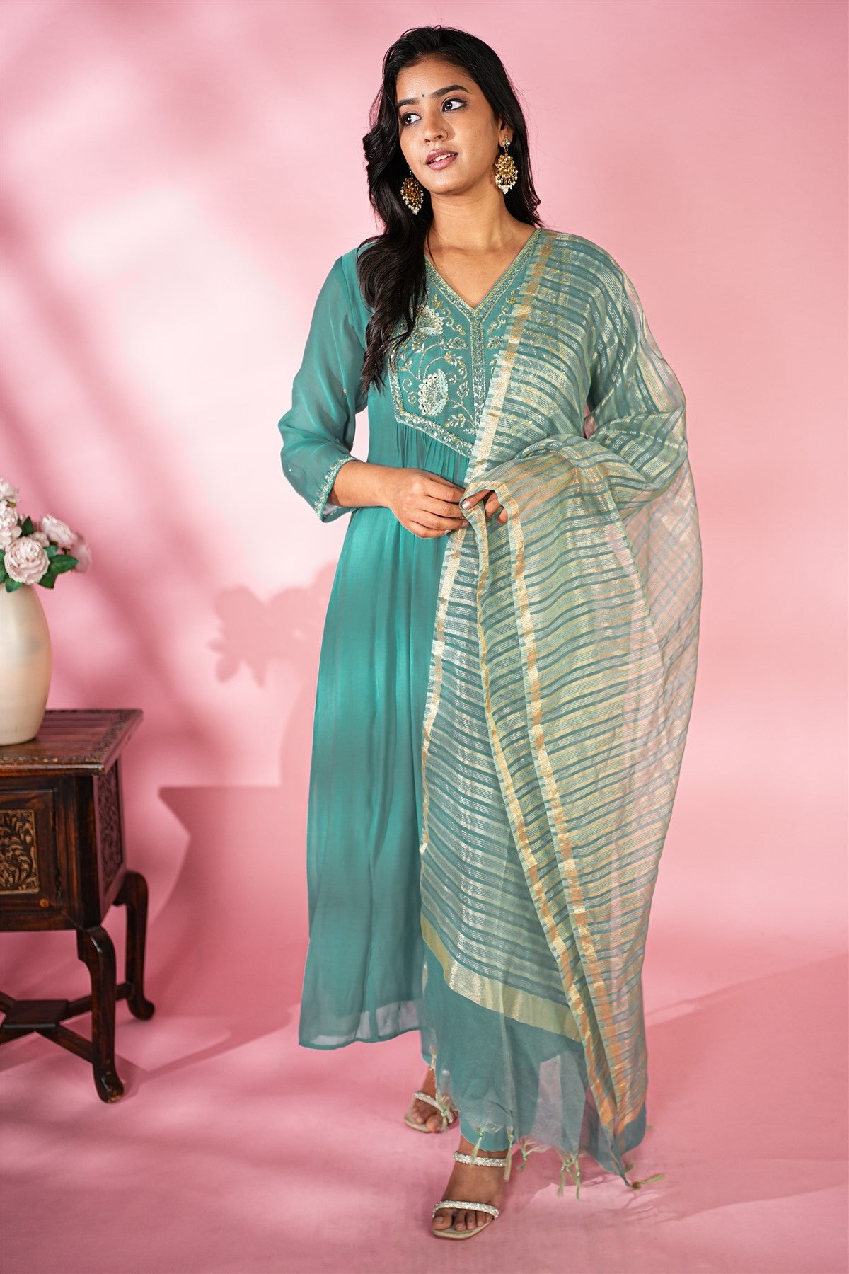 Fine Mul Chanderi Sea Green Kurti Set With Dupatta