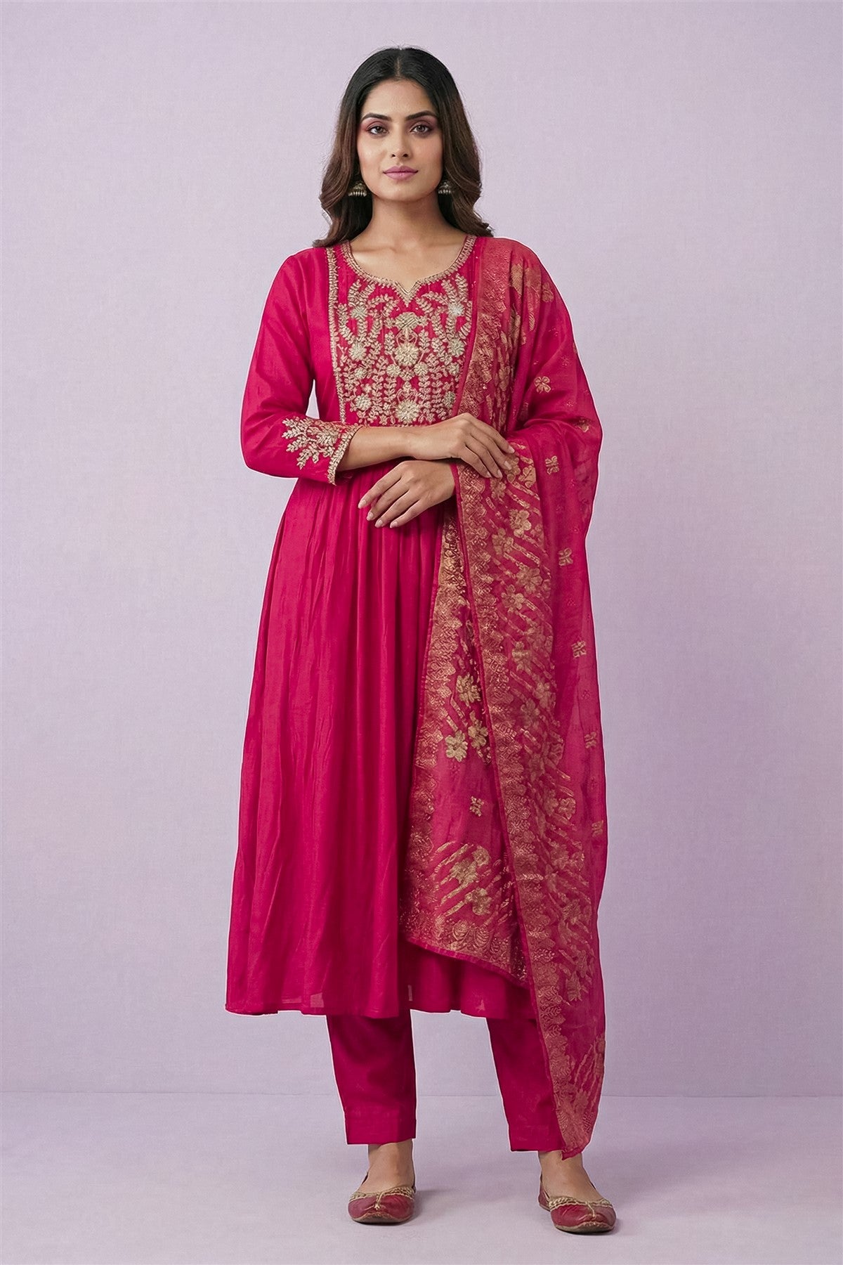 Mul Chanderi Solid Pink Kurti Set With Dupatta