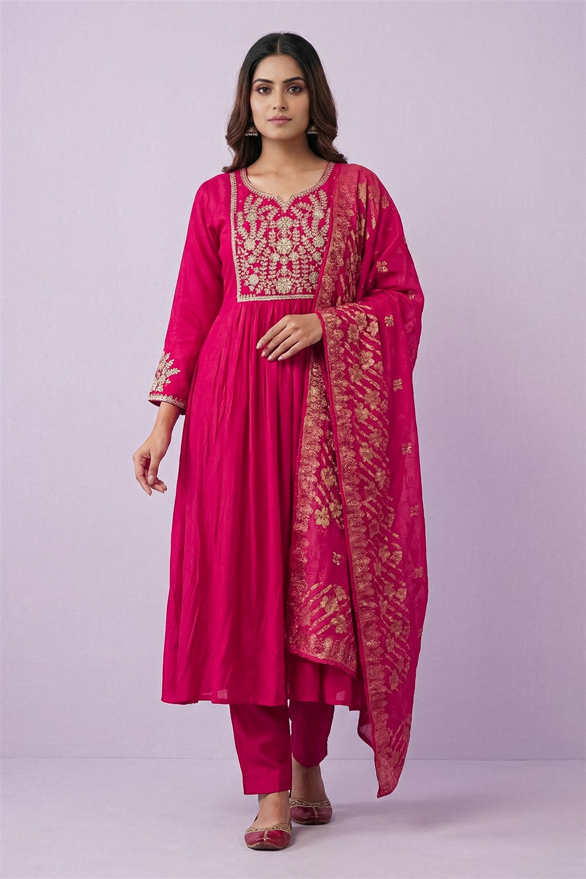 Mul Chanderi Solid Pink Kurti Set With Dupatta