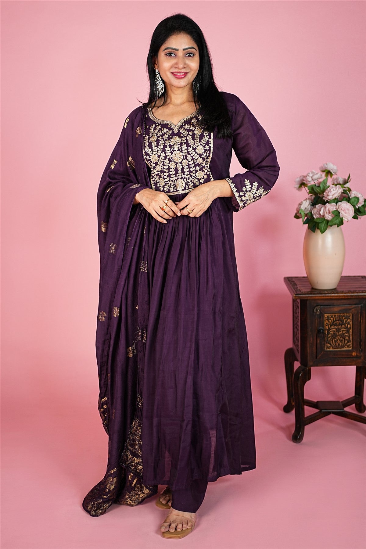 Mul Chanderi Solid Purple Kurti Set With Dupatta