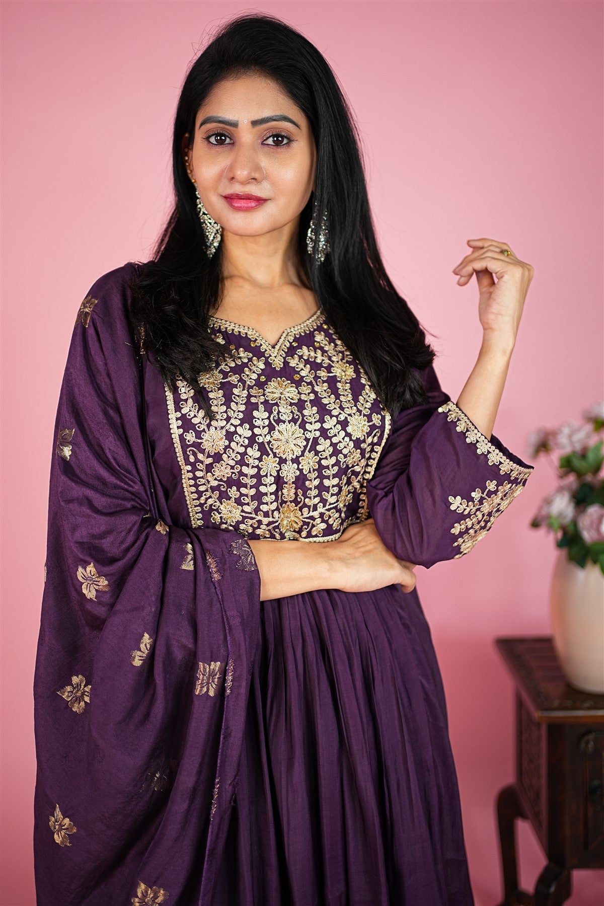 Mul Chanderi Solid Purple Kurti Set With Dupatta