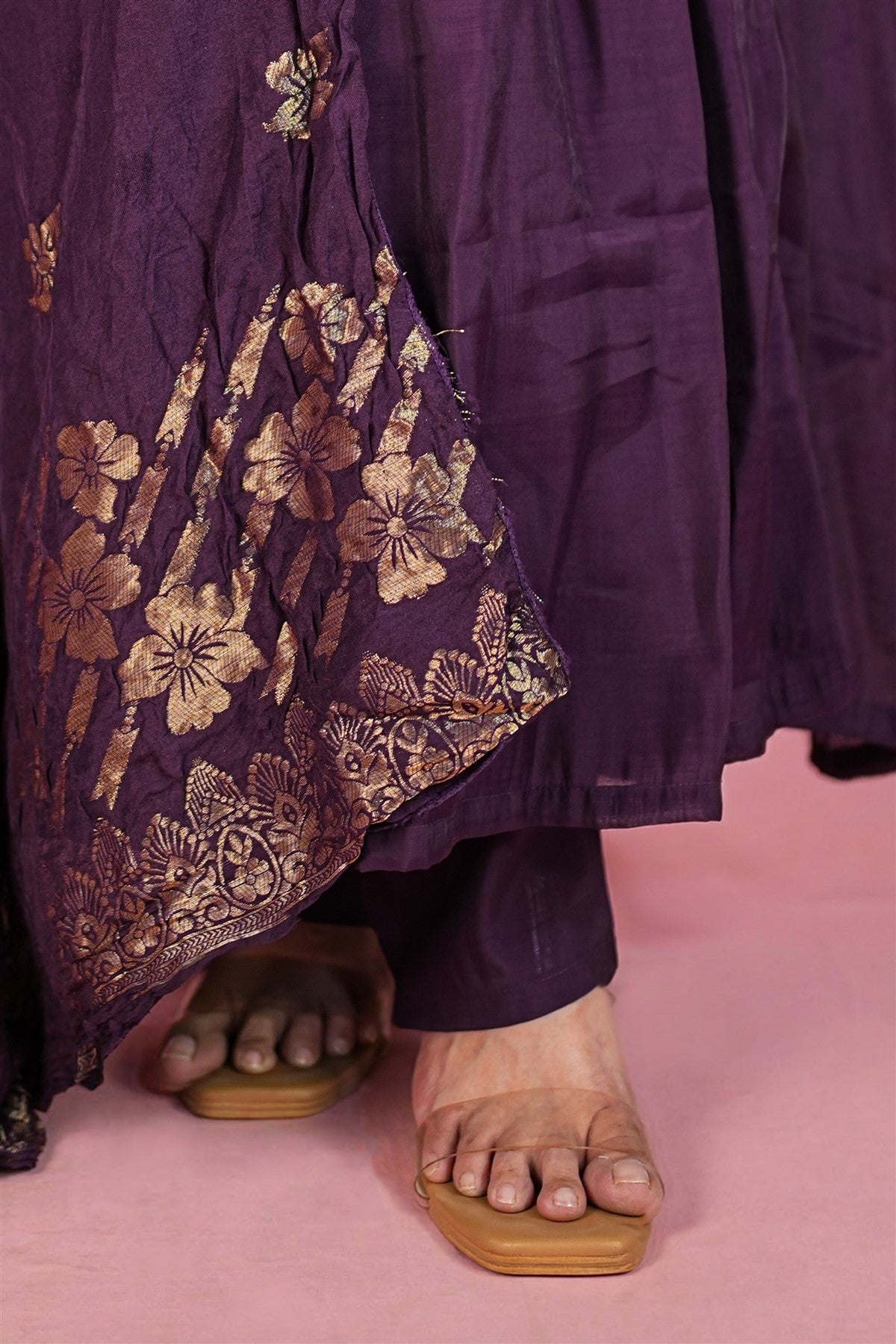 Mul Chanderi Solid Purple Kurti Set With Dupatta