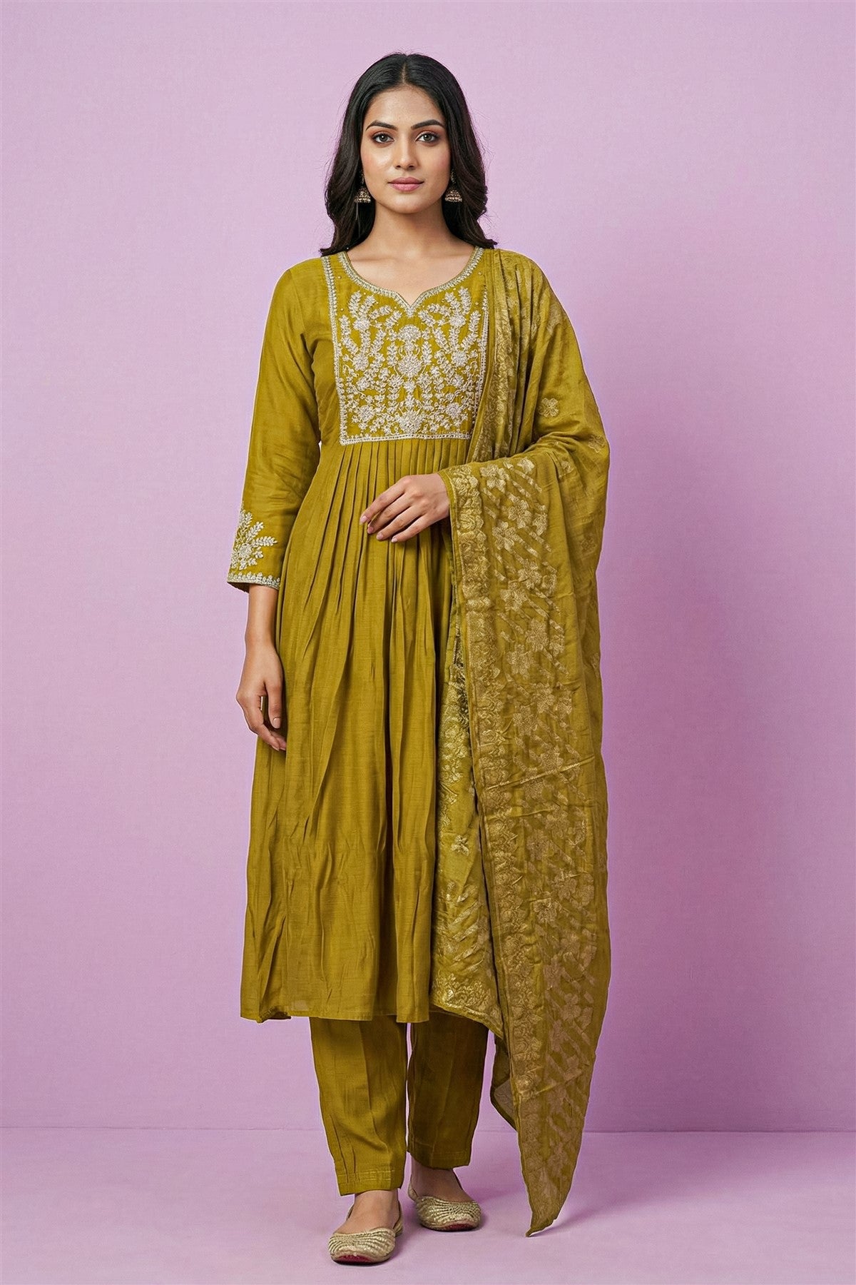 Mul Chanderi Solid Mustard Yellow Kurti Set With Dupatta