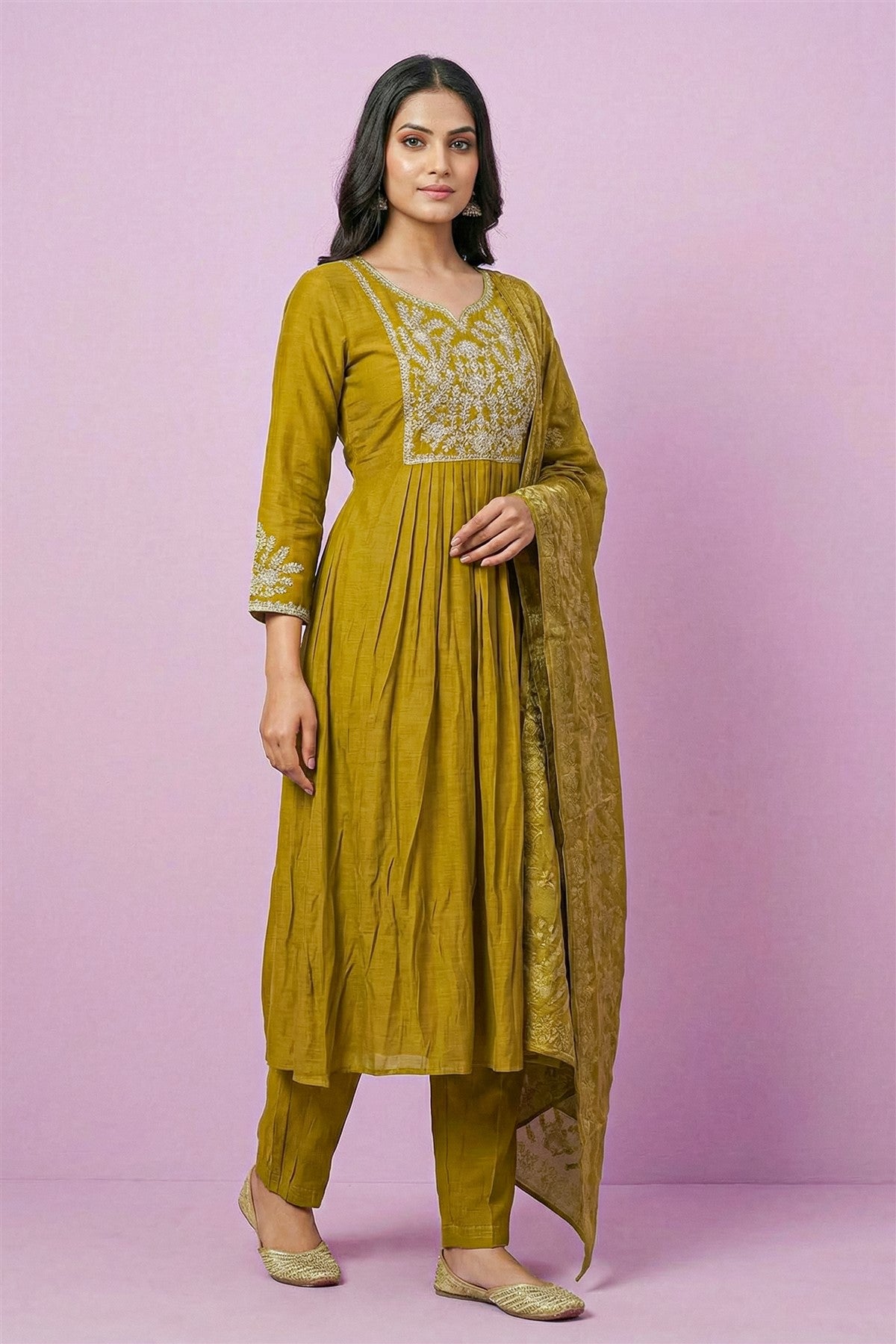 Mul Chanderi Solid Mustard Yellow Kurti Set With Dupatta