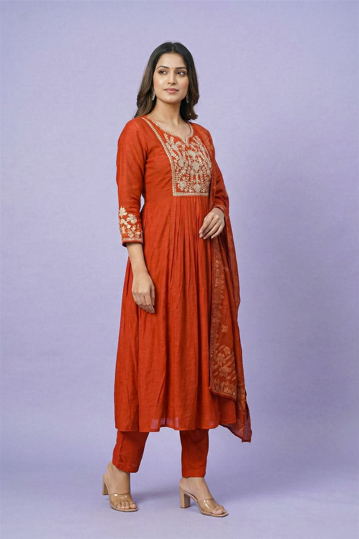 Mul Chanderi Embroidery Rust Kurti Set With Dupatta