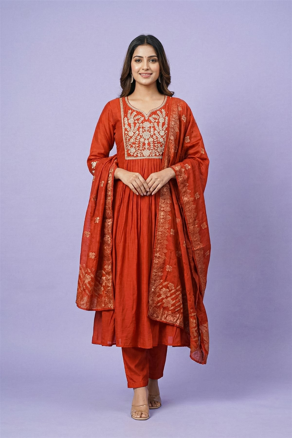Mul Chanderi Embroidery Rust Kurti Set With Dupatta