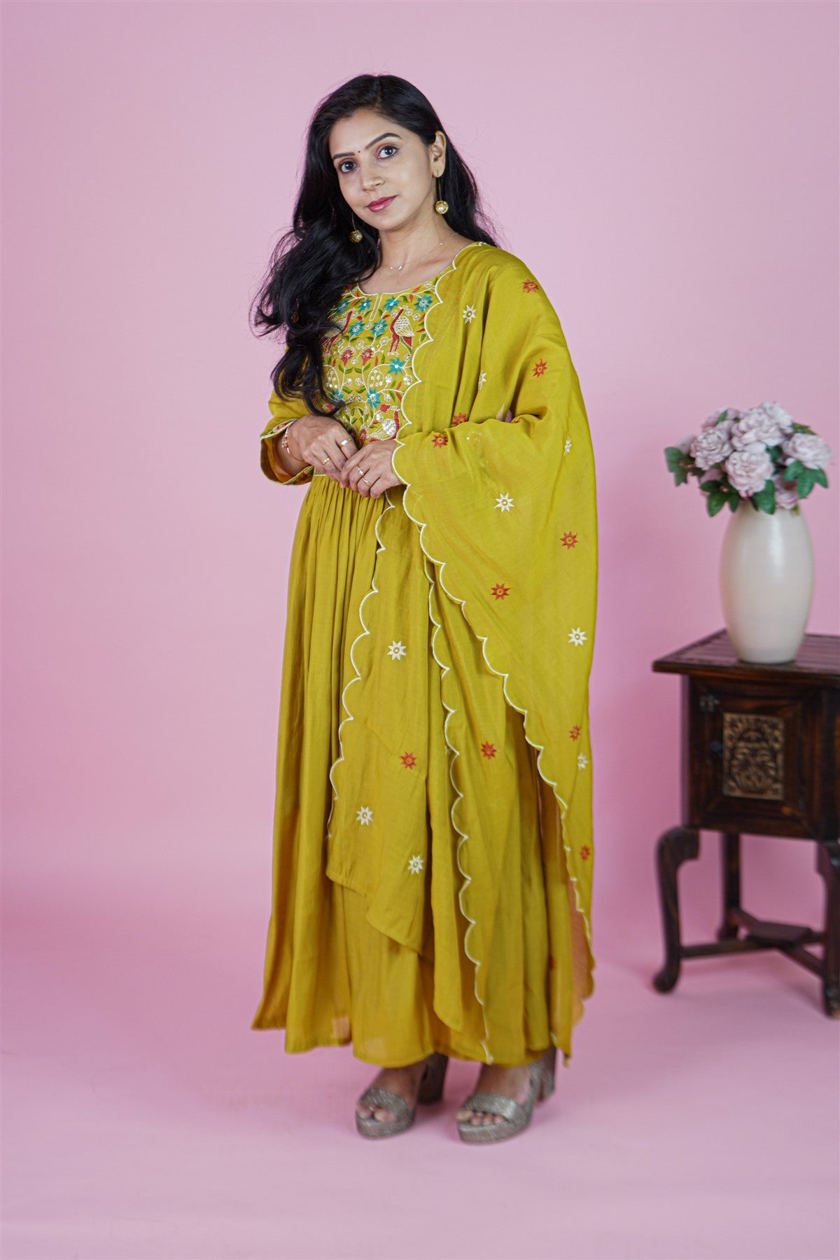 Mul Chanderi Embroidery Mustard Yellow Kurti Set With Dupatta
