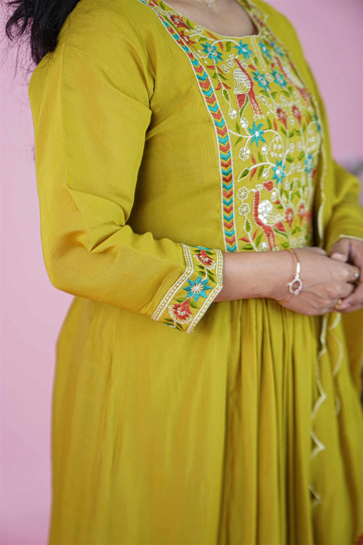 Mul Chanderi Embroidery Mustard Yellow Kurti Set With Dupatta