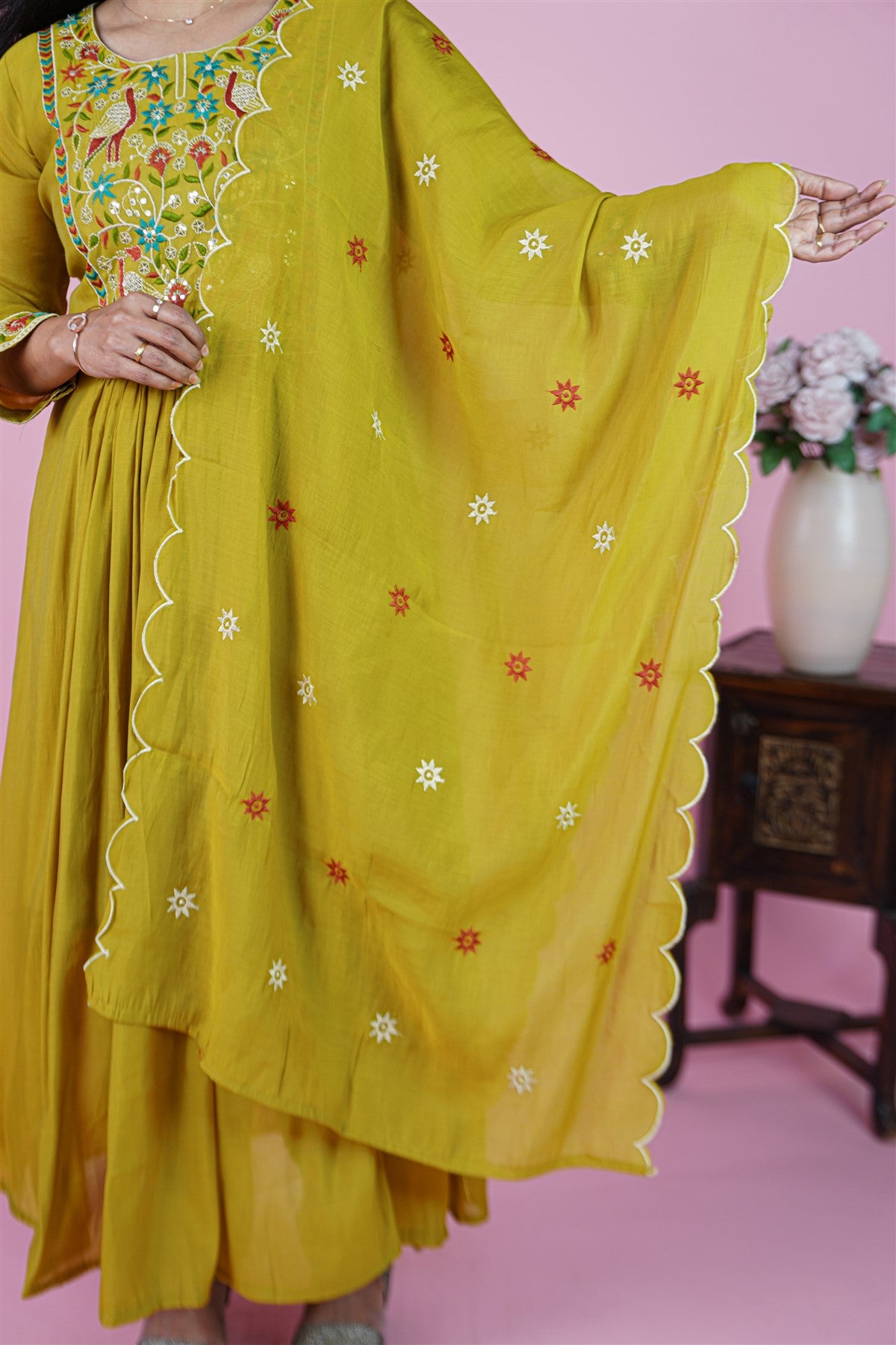 Mul Chanderi Embroidery Mustard Yellow Kurti Set With Dupatta
