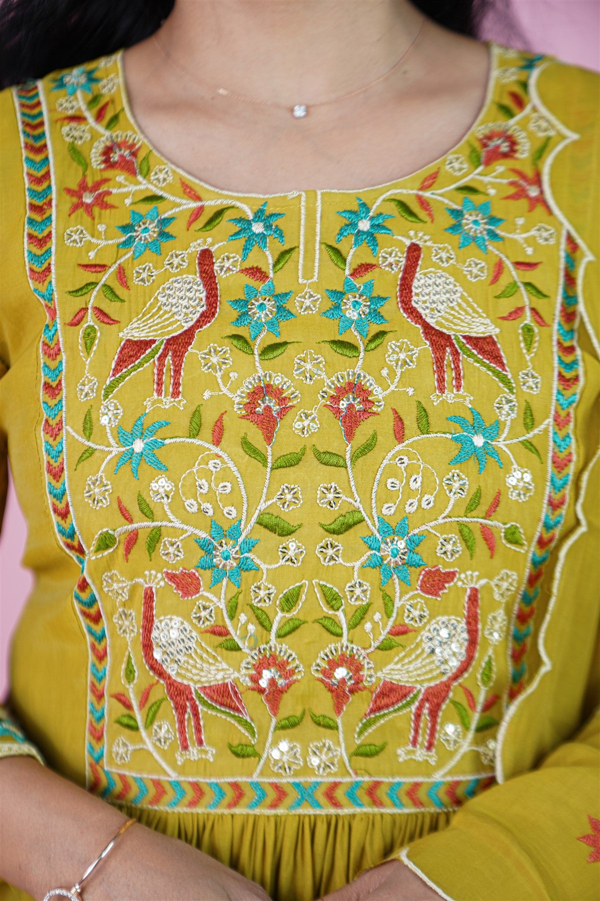 Mul Chanderi Embroidery Mustard Yellow Kurti Set With Dupatta