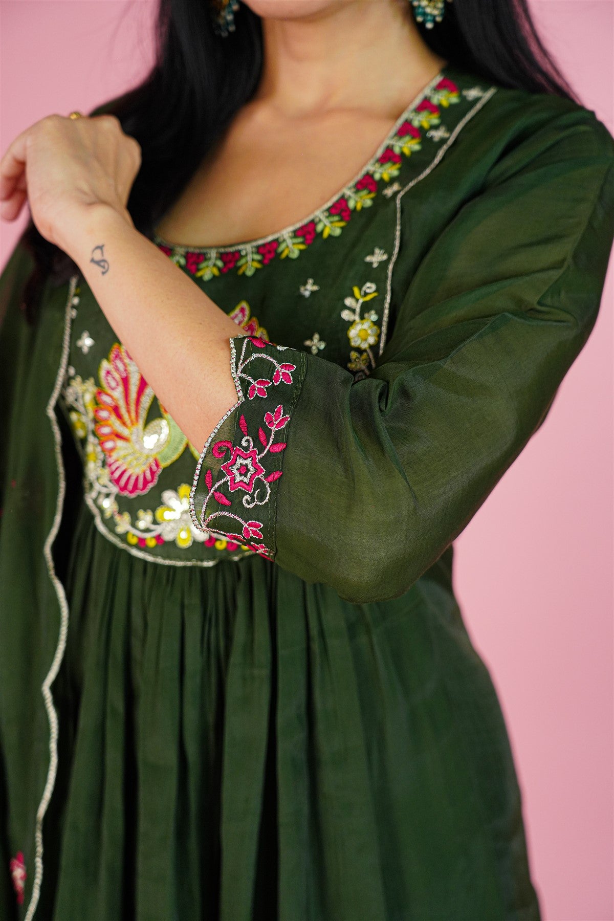 Mul Chanderi Solid Dark Green Kurti Set With Dupatta