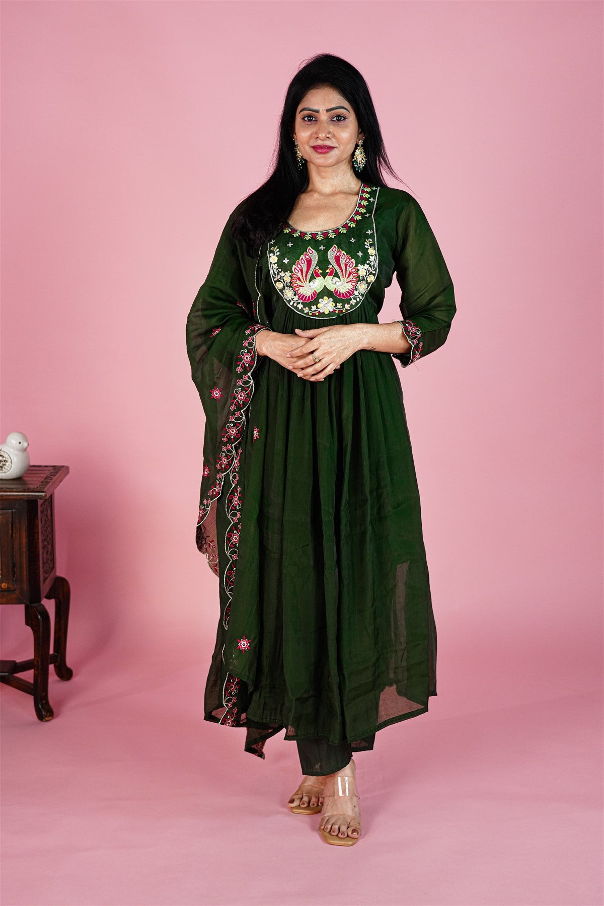 Mul Chanderi Solid Dark Green Kurti Set With Dupatta