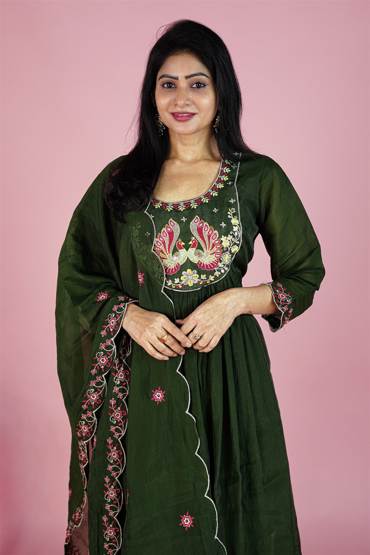 Mul Chanderi Solid Dark Green Kurti Set With Dupatta