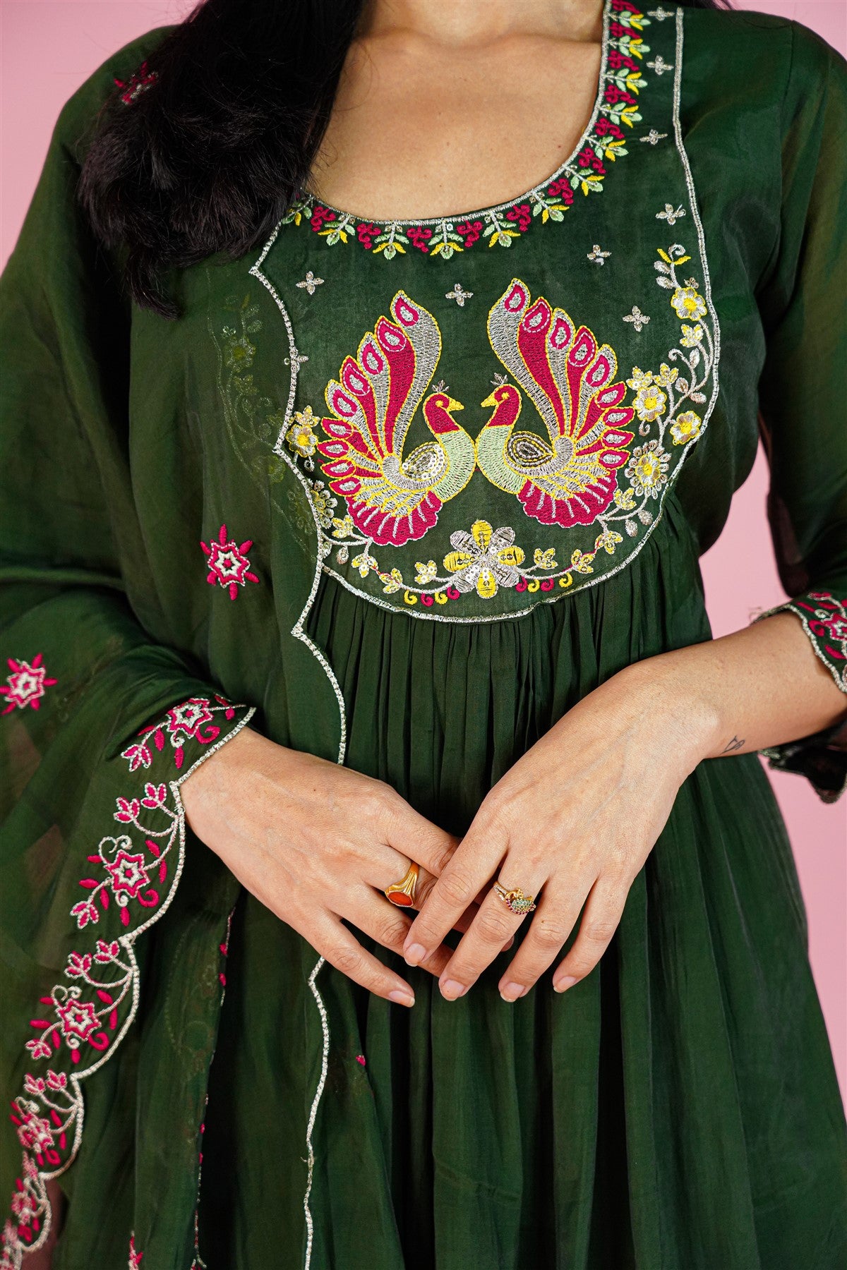 Mul Chanderi Solid Dark Green Kurti Set With Dupatta