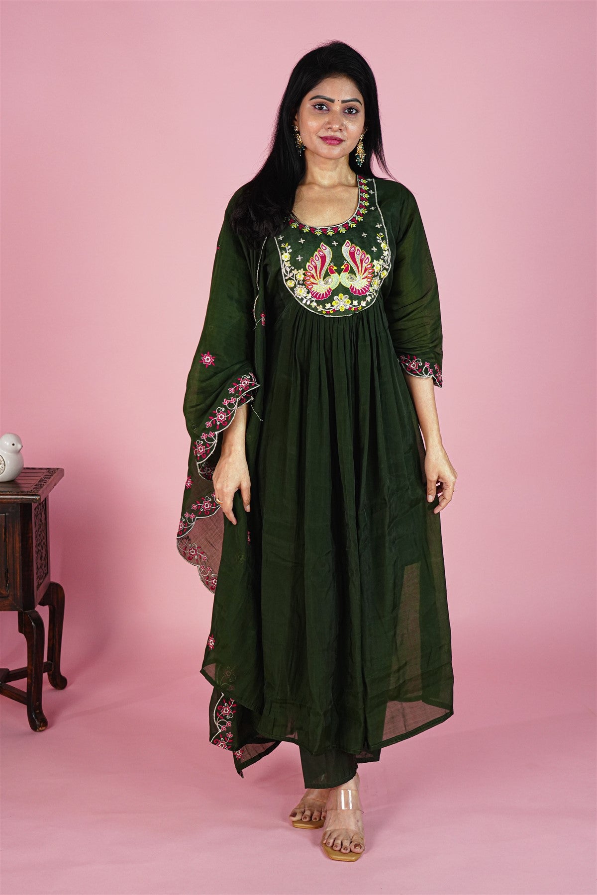 Mul Chanderi Solid Dark Green Kurti Set With Dupatta