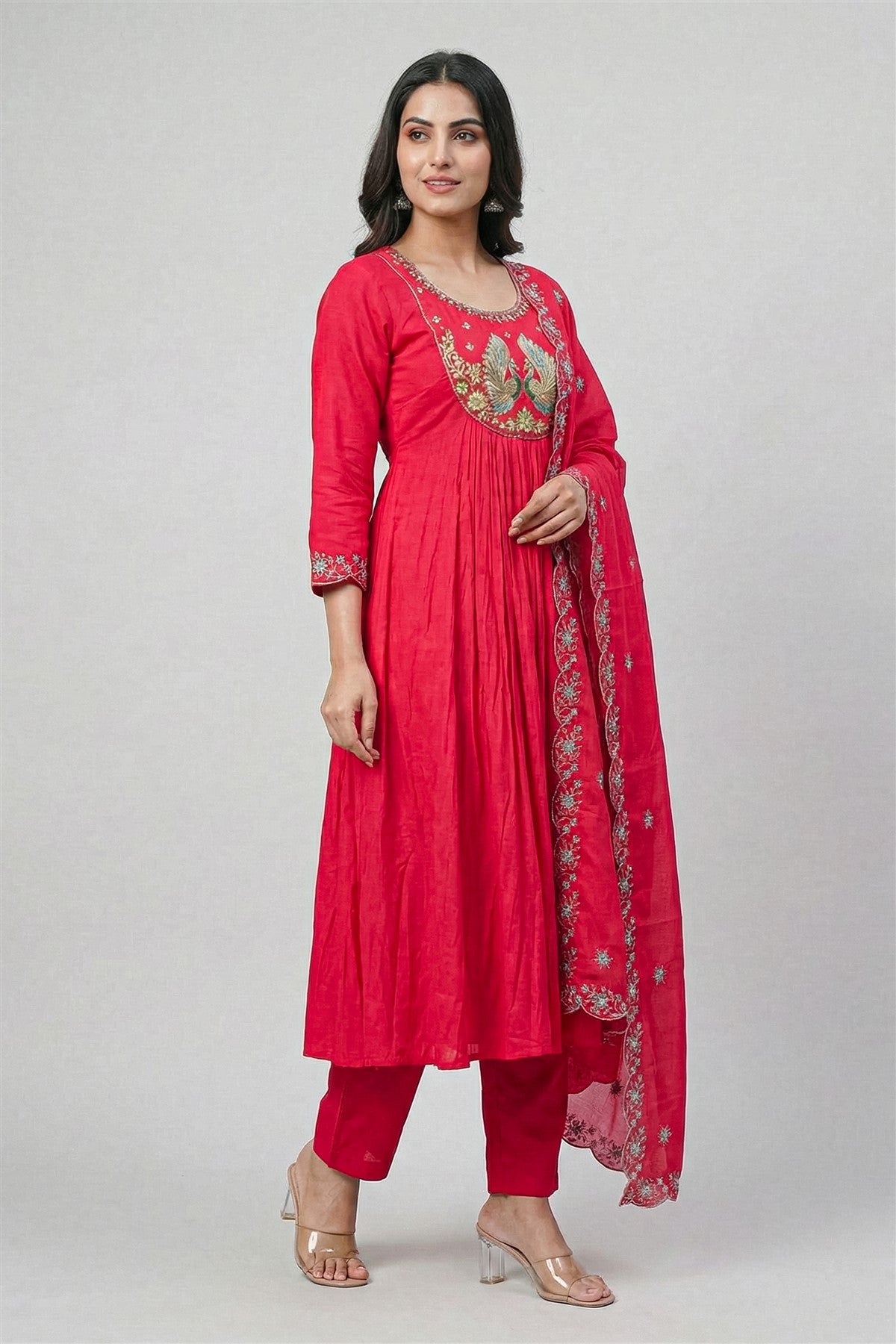 Mul Chanderi Embroidery Pink Kurti Set With Dupatta