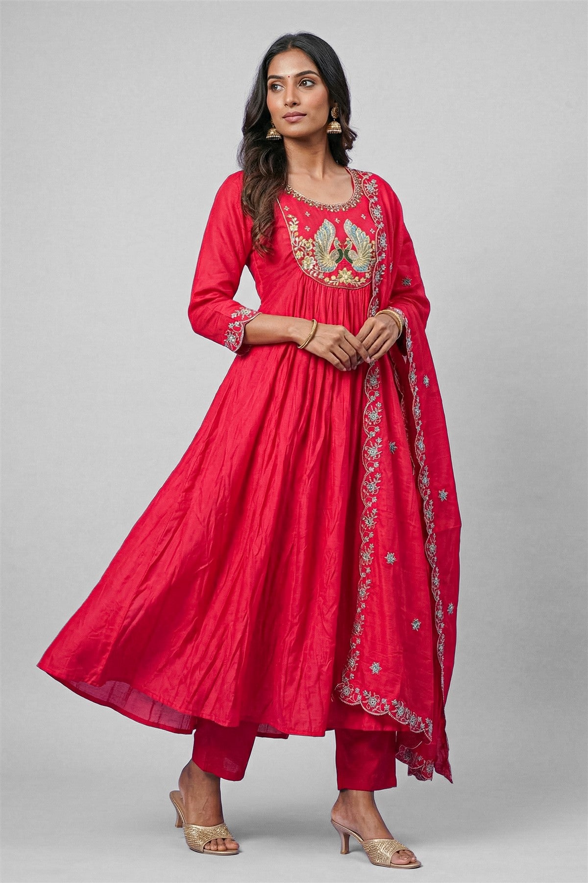 Mul Chanderi Embroidery Pink Kurti Set With Dupatta