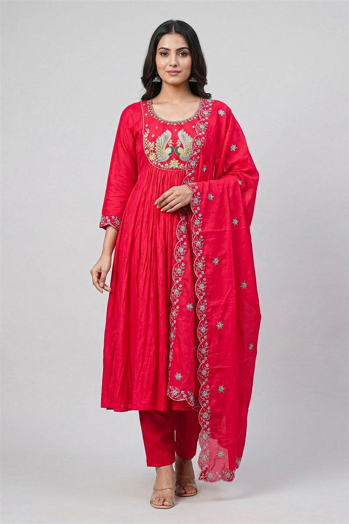 Mul Chanderi Embroidery Pink Kurti Set With Dupatta