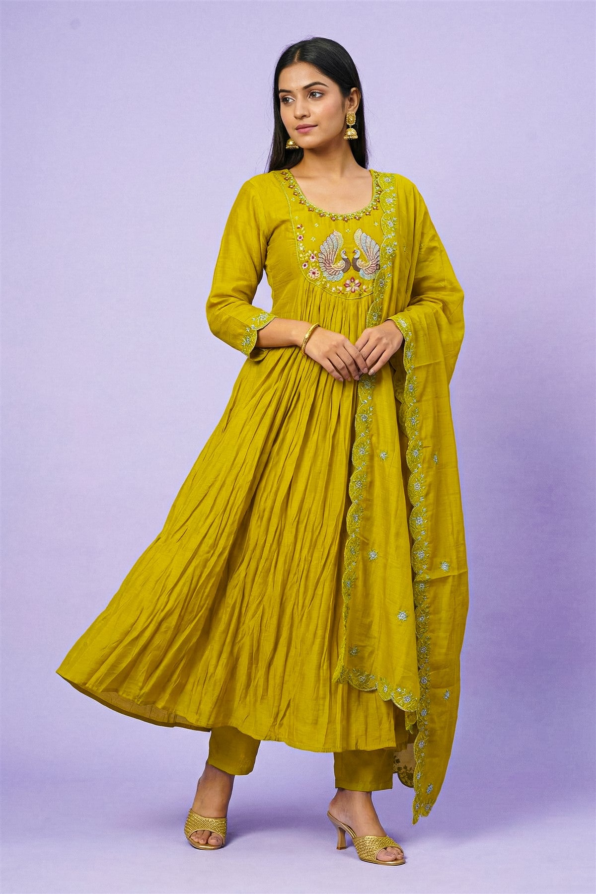 Mul Chanderi Solid Mustard Yellow Kurti Set With Dupatta