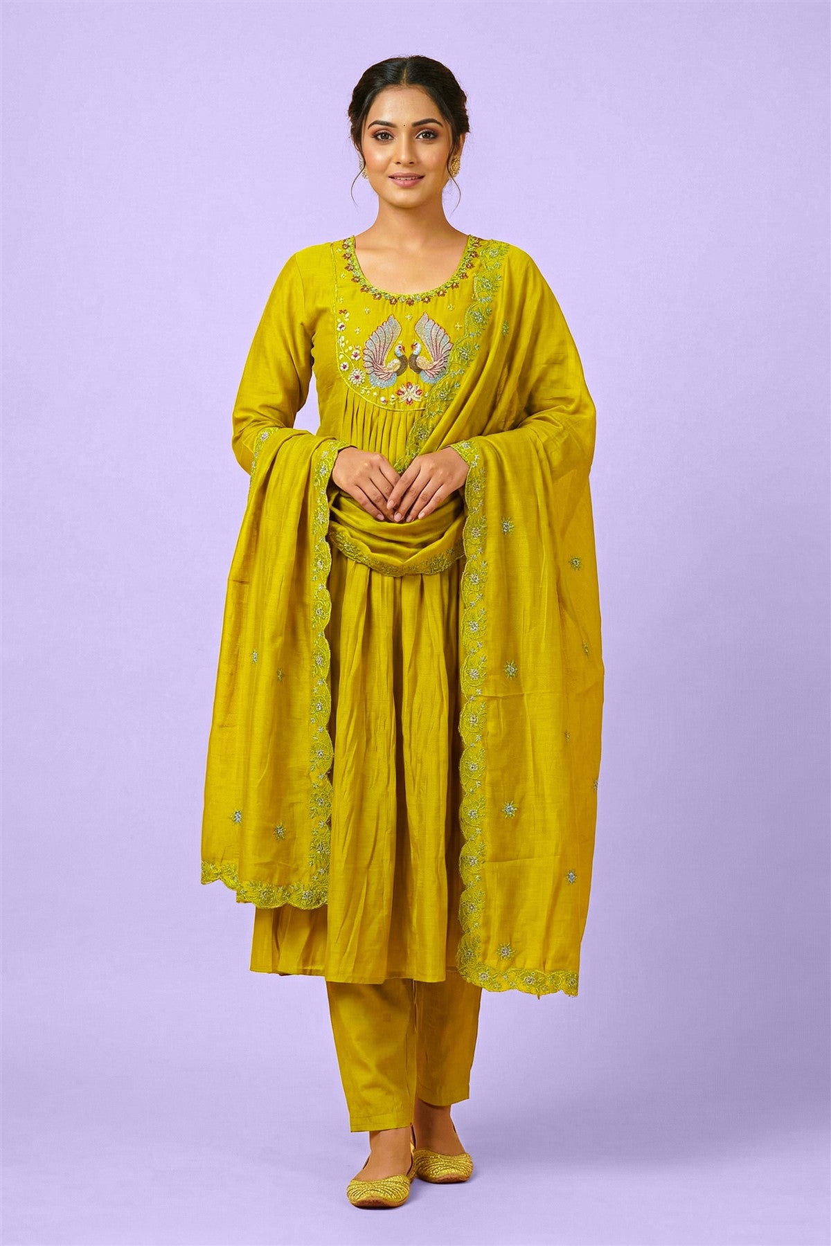 Mul Chanderi Solid Mustard Yellow Kurti Set With Dupatta