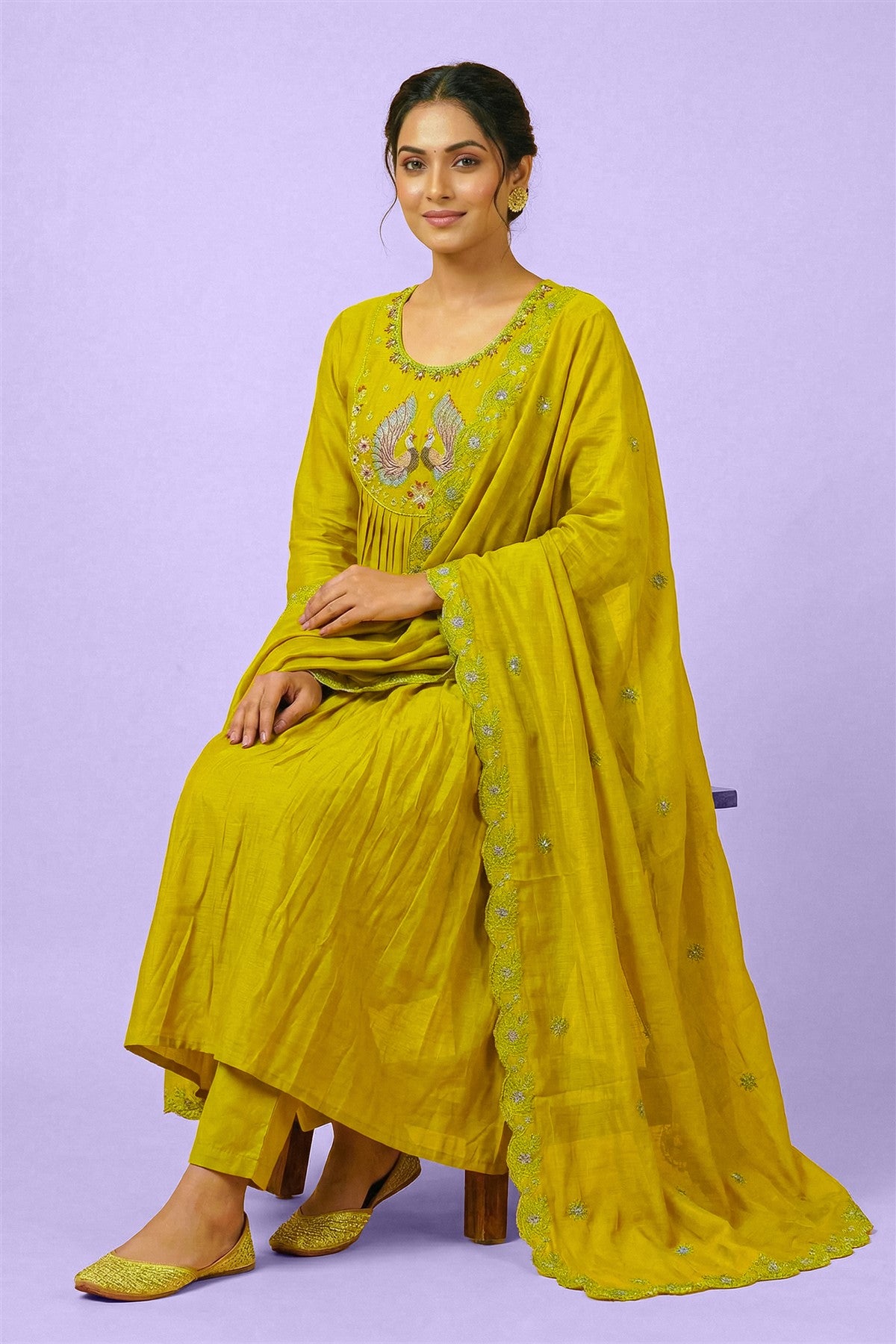 Mul Chanderi Solid Mustard Yellow Kurti Set With Dupatta