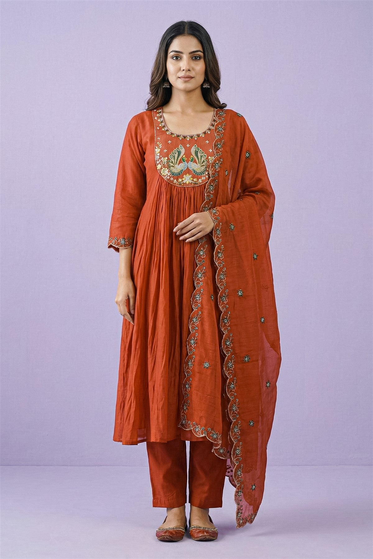 Mul Chanderi Embroidery Rust Kurti Set With Dupatta