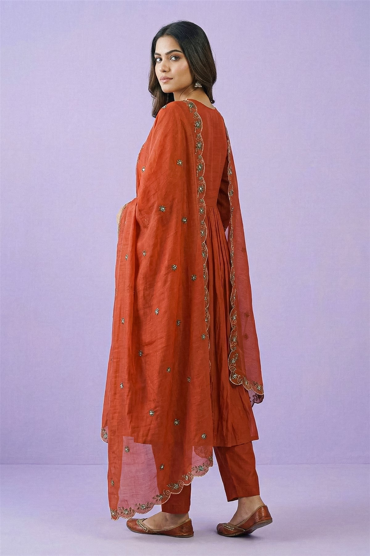 Mul Chanderi Embroidery Rust Kurti Set With Dupatta