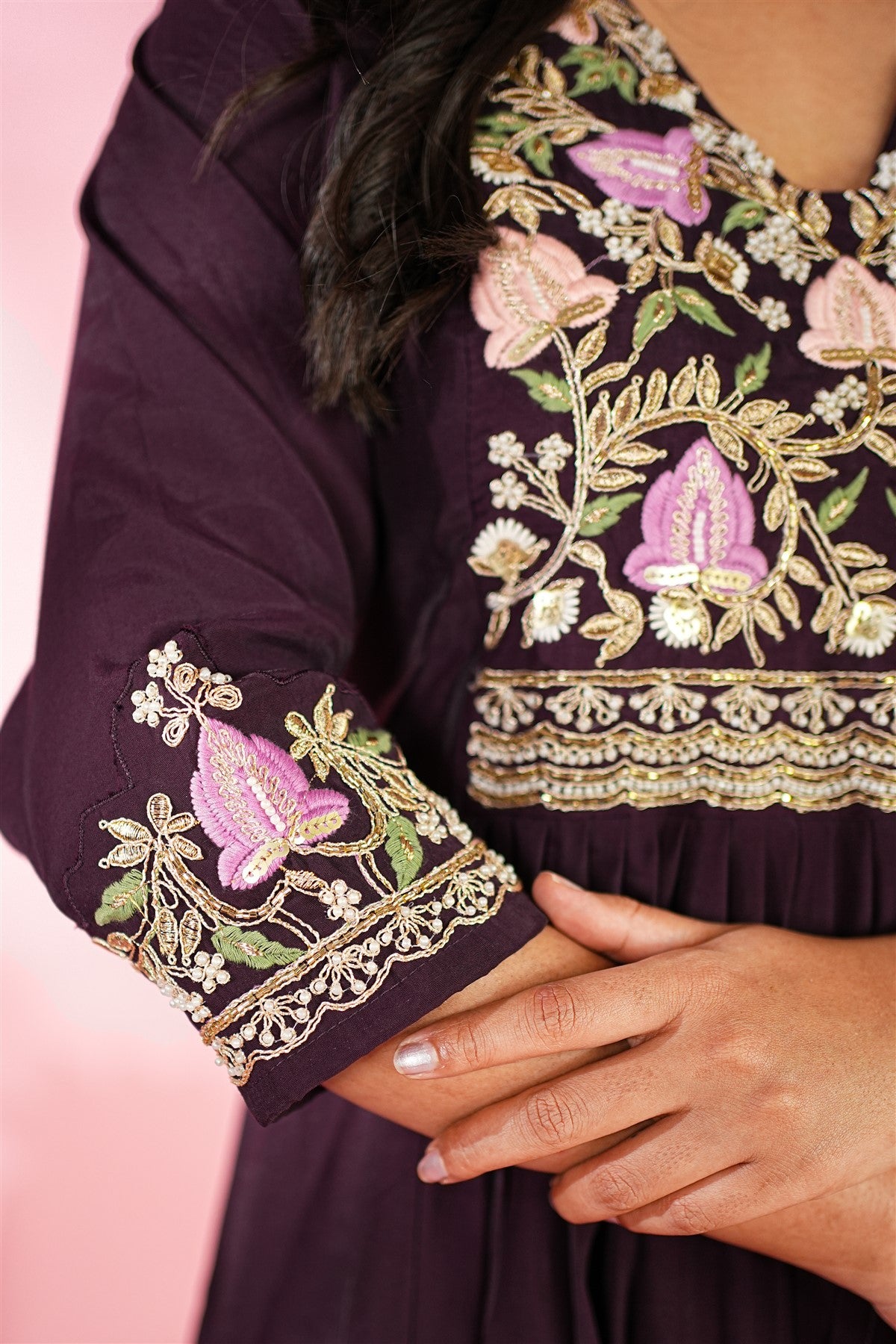 Mul Chanderi Embroidery Wine Kurti Set With Dupatta