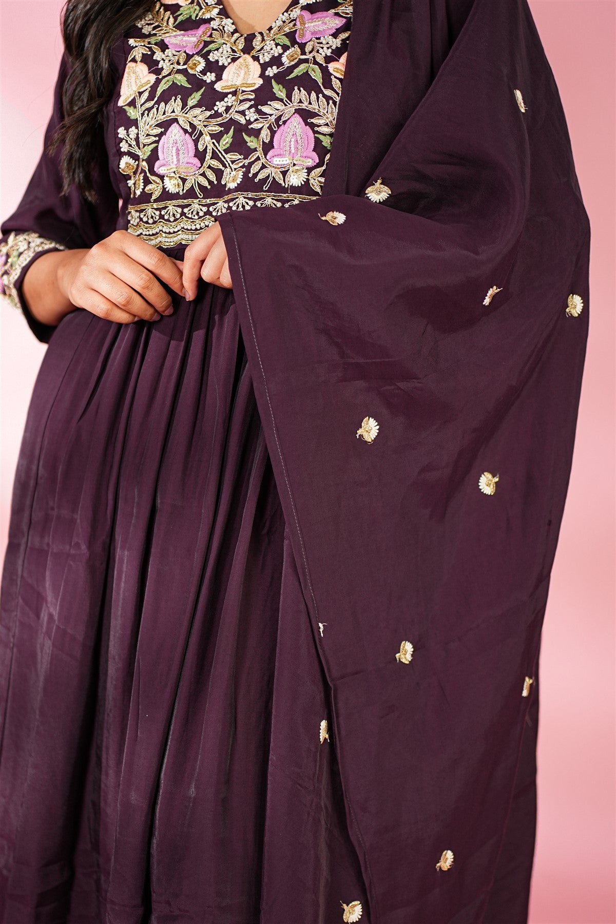 Mul Chanderi Embroidery Wine Kurti Set With Dupatta