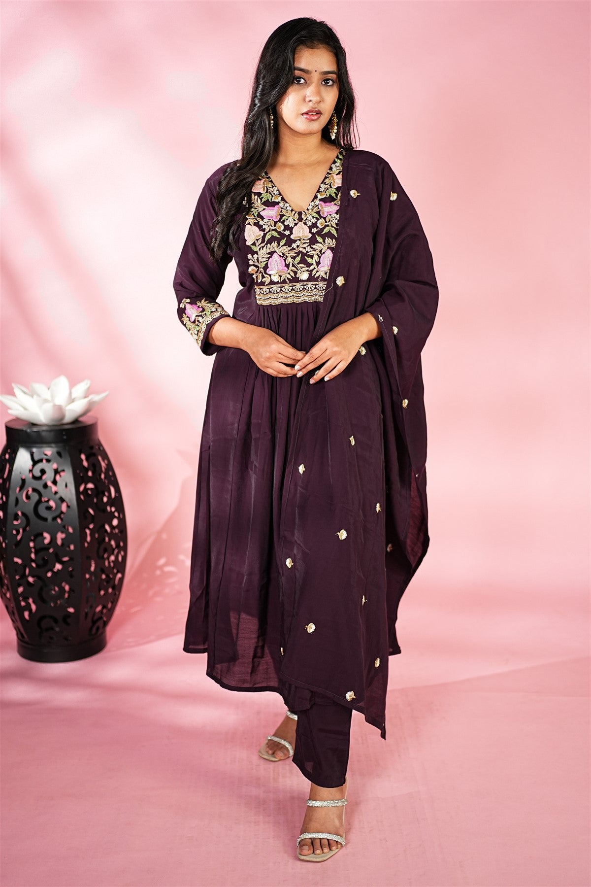Mul Chanderi Solid  Dark Purple Kurta