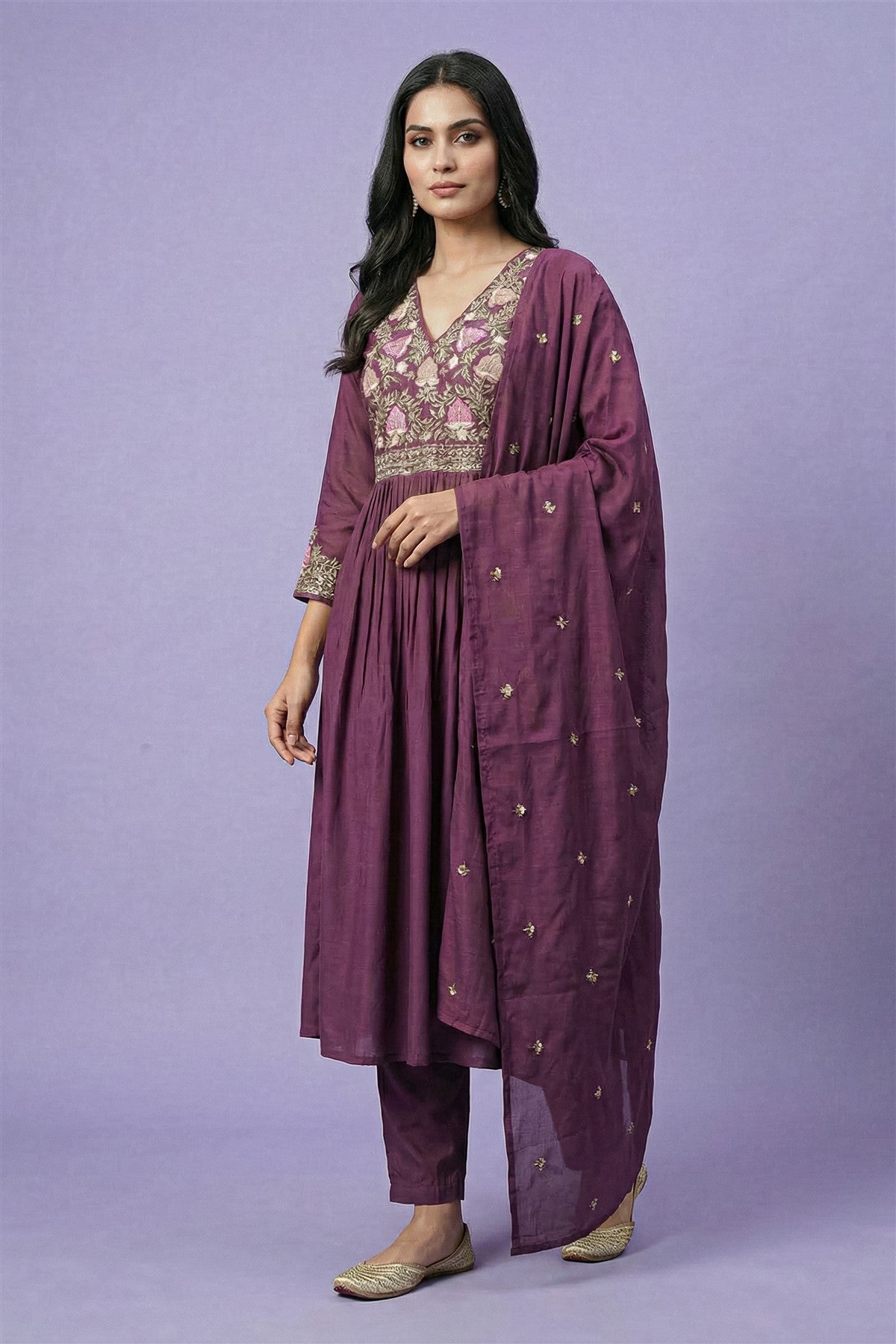 Mul Chanderi Solid  Dark Purple Kurta