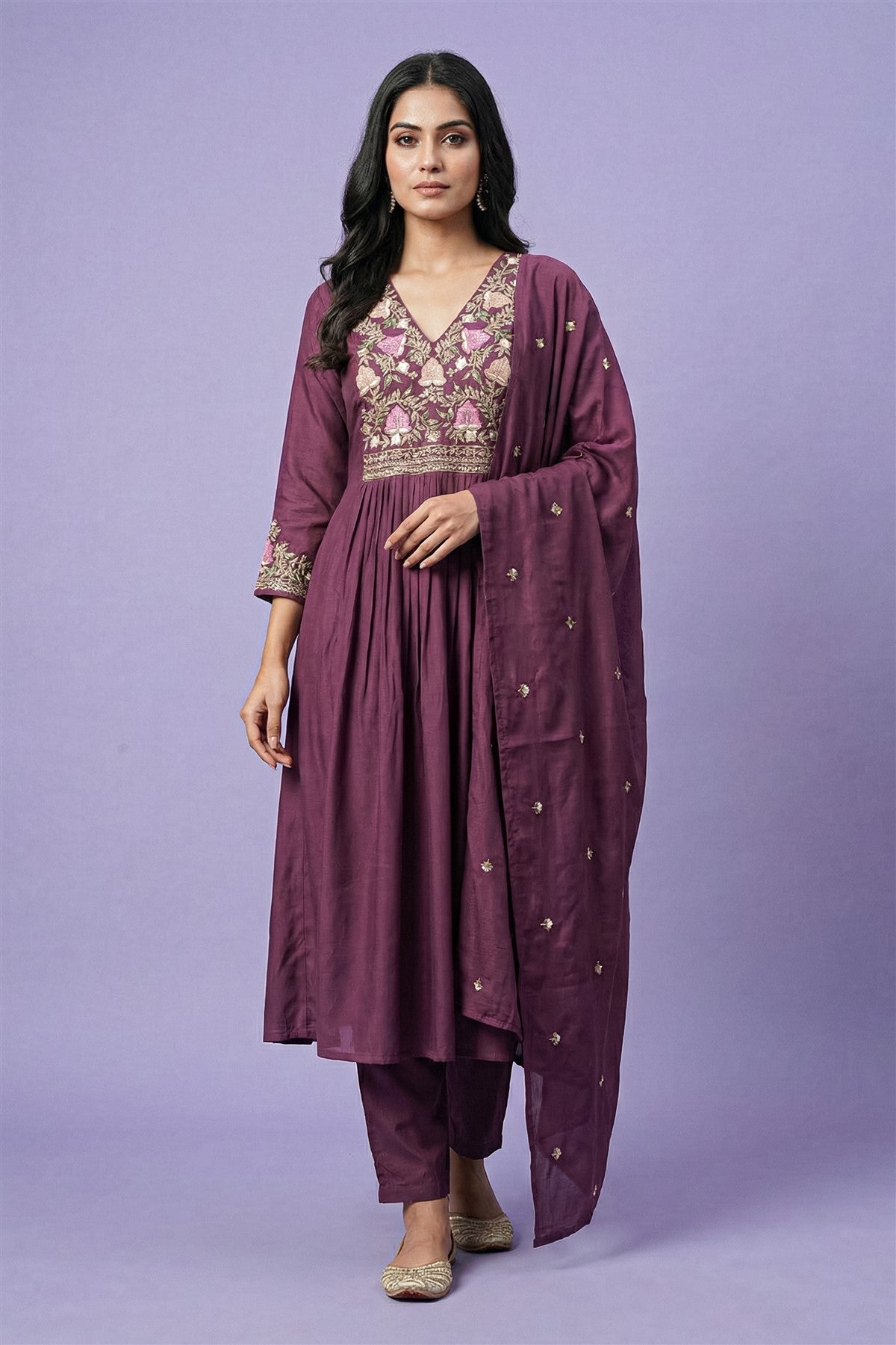 Mul Chanderi Solid  Dark Purple Kurta
