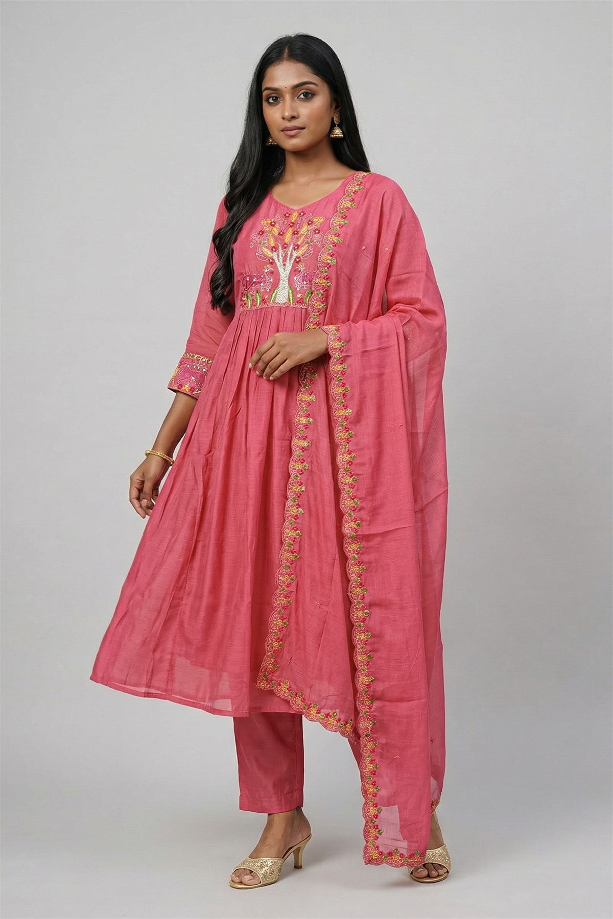Mul Chanderi Embroidery Pink Kurti Set With Dupatta