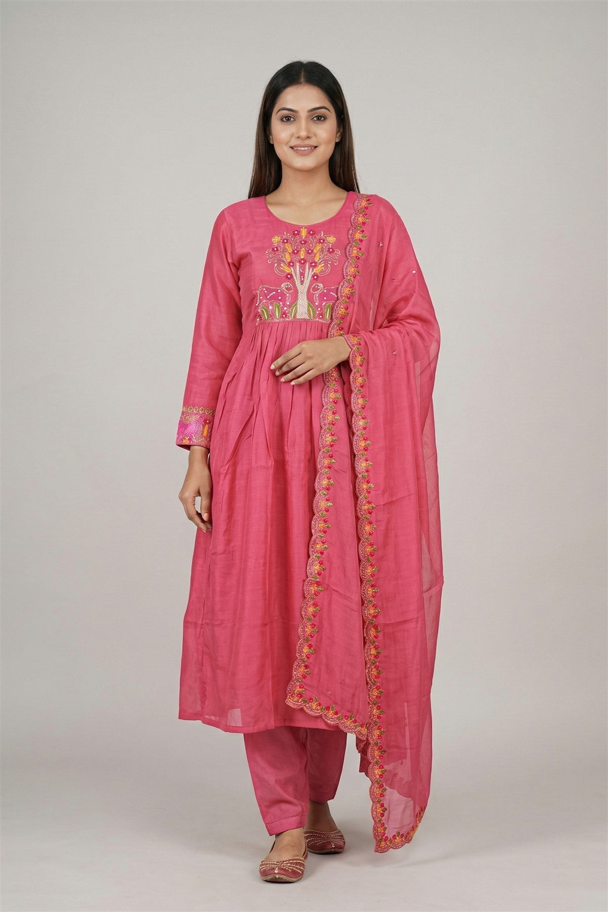 Mul Chanderi Embroidery Pink Kurti Set With Dupatta