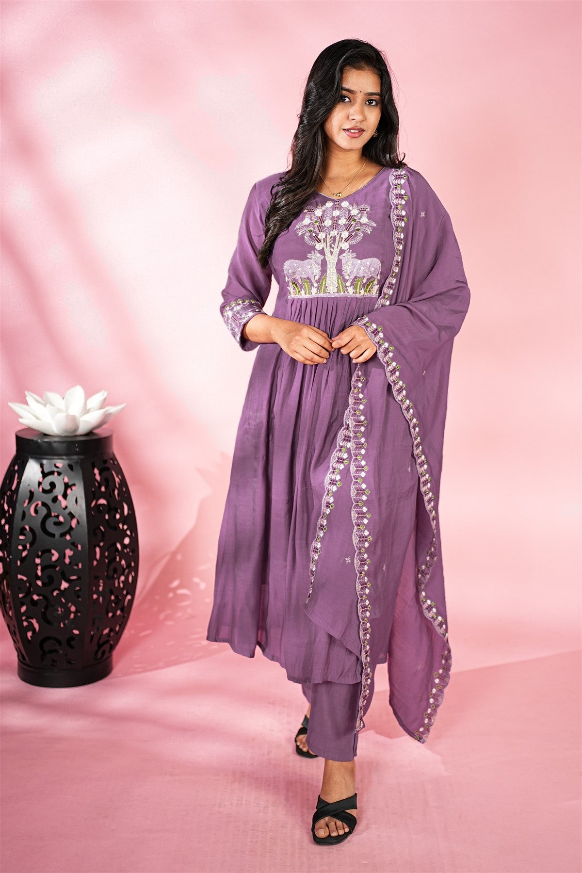 Mul Chanderi Embroidered Purple Kurti Set
