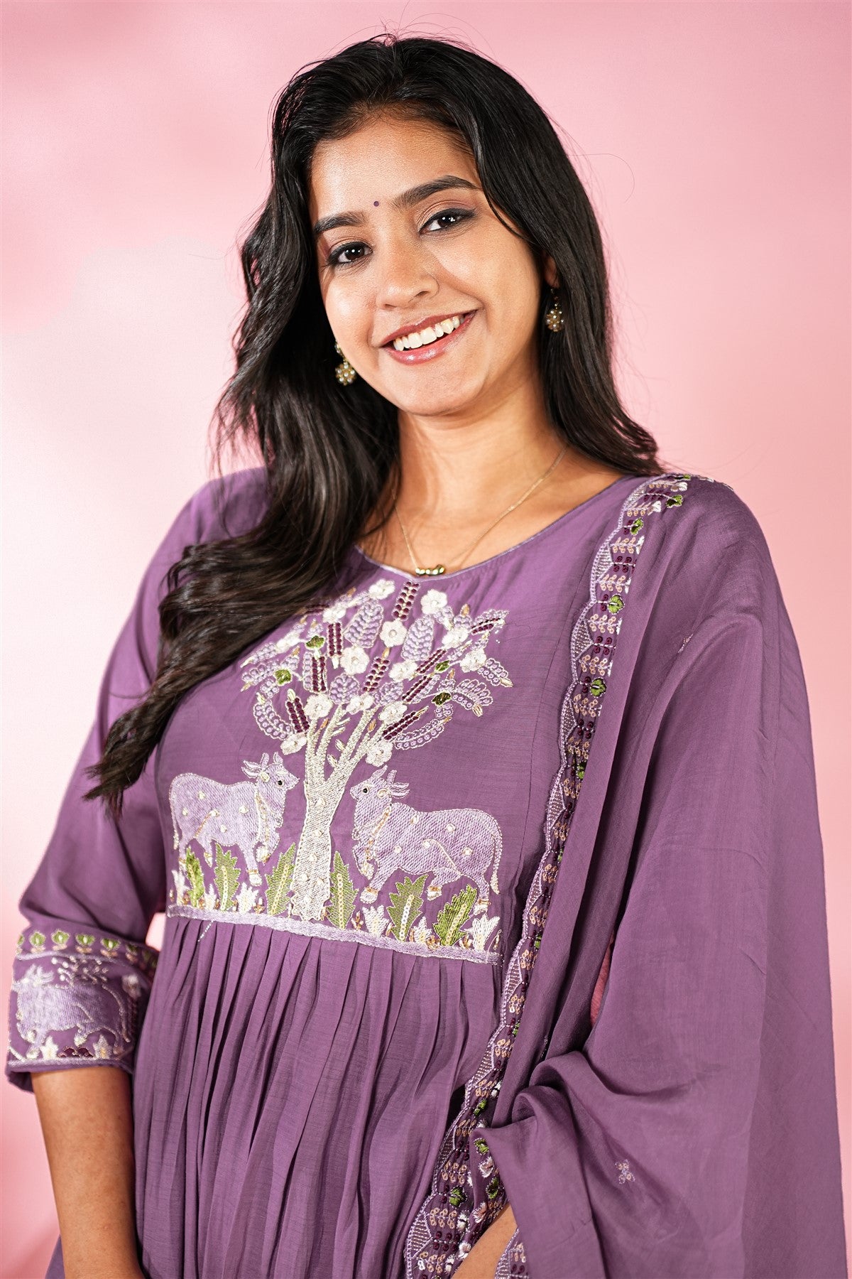 Mul Chanderi Embroidered Purple Kurti Set