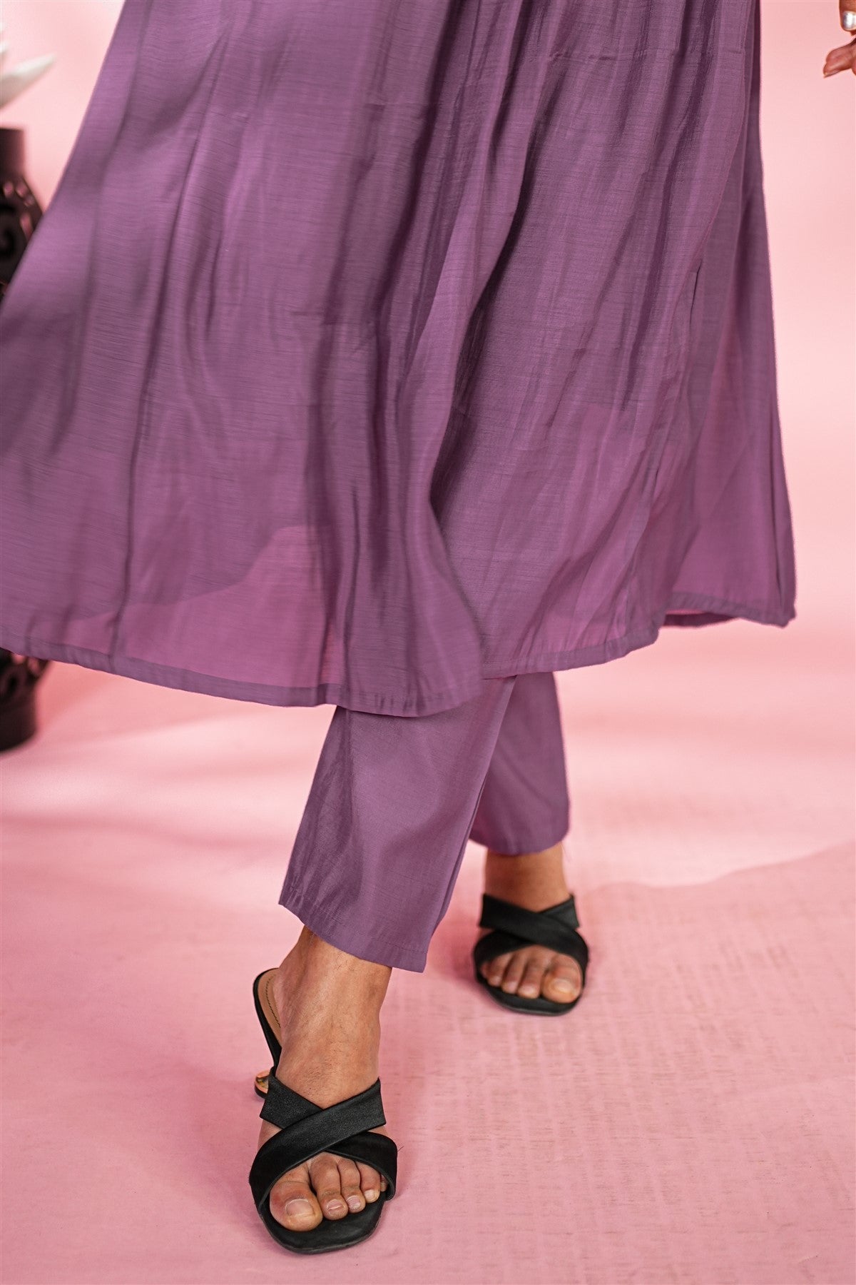 Mul Chanderi Embroidered Purple Kurti Set