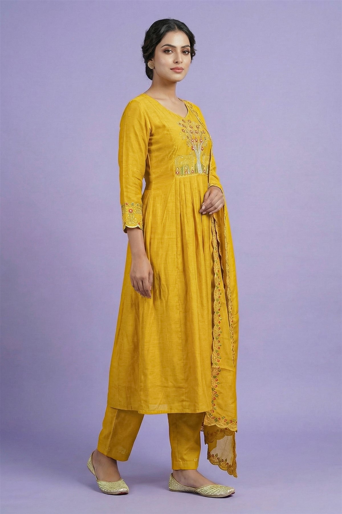 Mul Chanderi Solid Mustard Yellow Kurti Set With Dupatta
