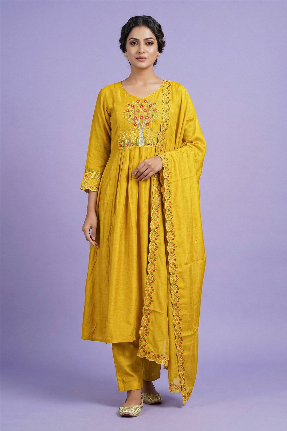 Mul Chanderi Solid Mustard Yellow Kurti Set With Dupatta