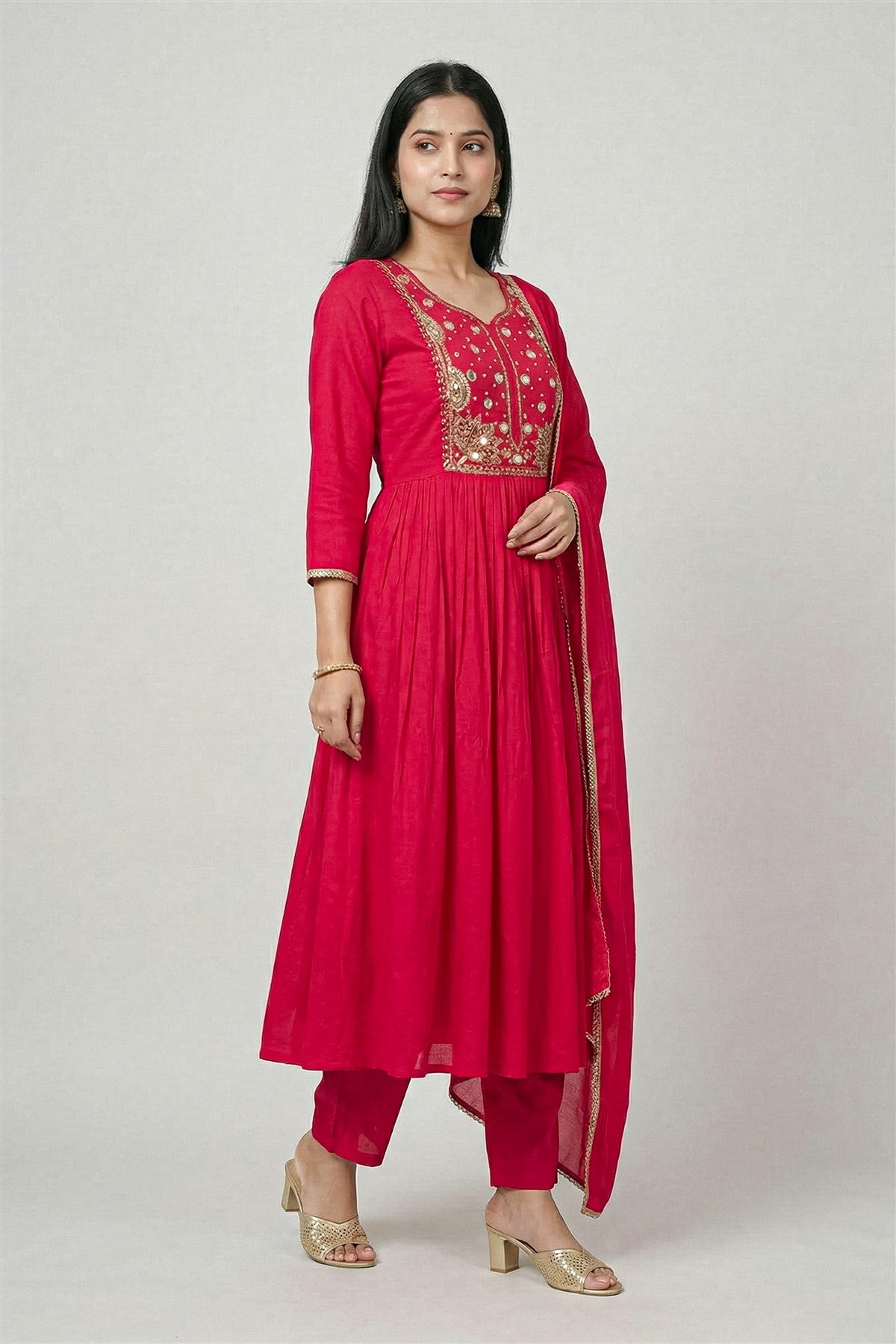 Mul Chanderi Solid Pink Kurti Set With Dupatta