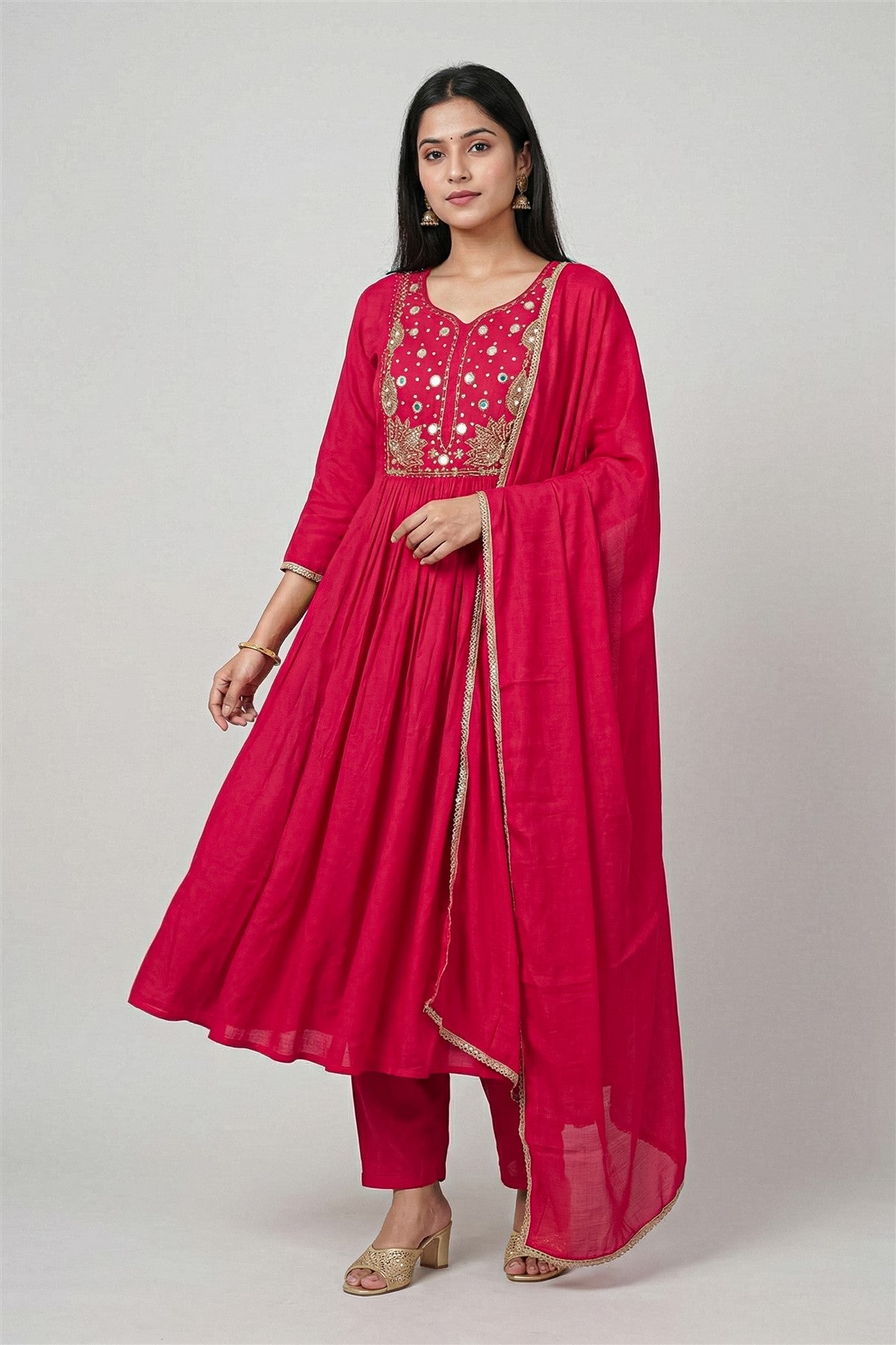 Mul Chanderi Solid Pink Kurti Set With Dupatta
